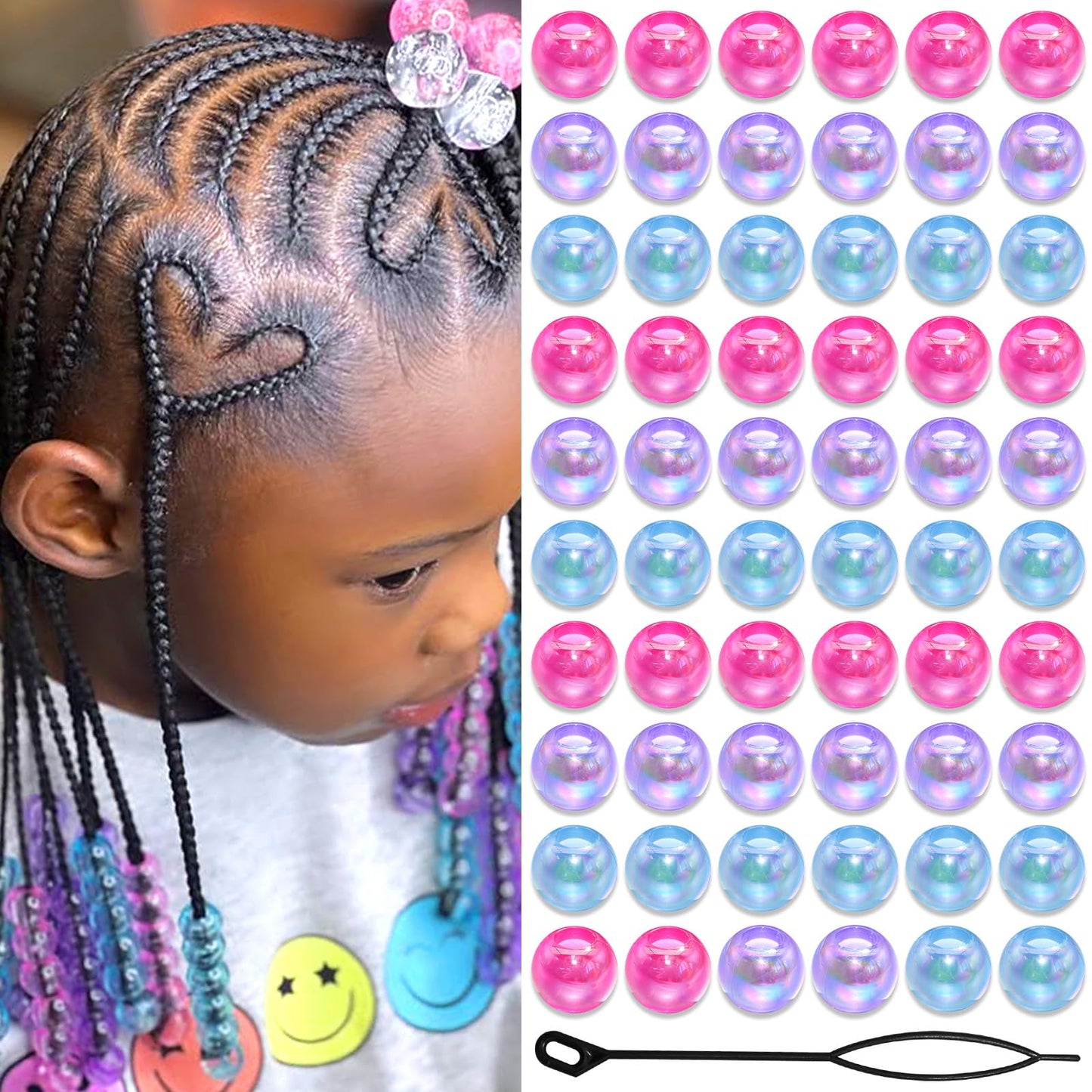 VENOFEN 60PCS AB Hair Beads Spacer Round Braids Bead with Large Hole Blue&Purple&Pink Pony Bead Loc Dreadlock Jewelry Kids Girls Hair Decoration Accessories