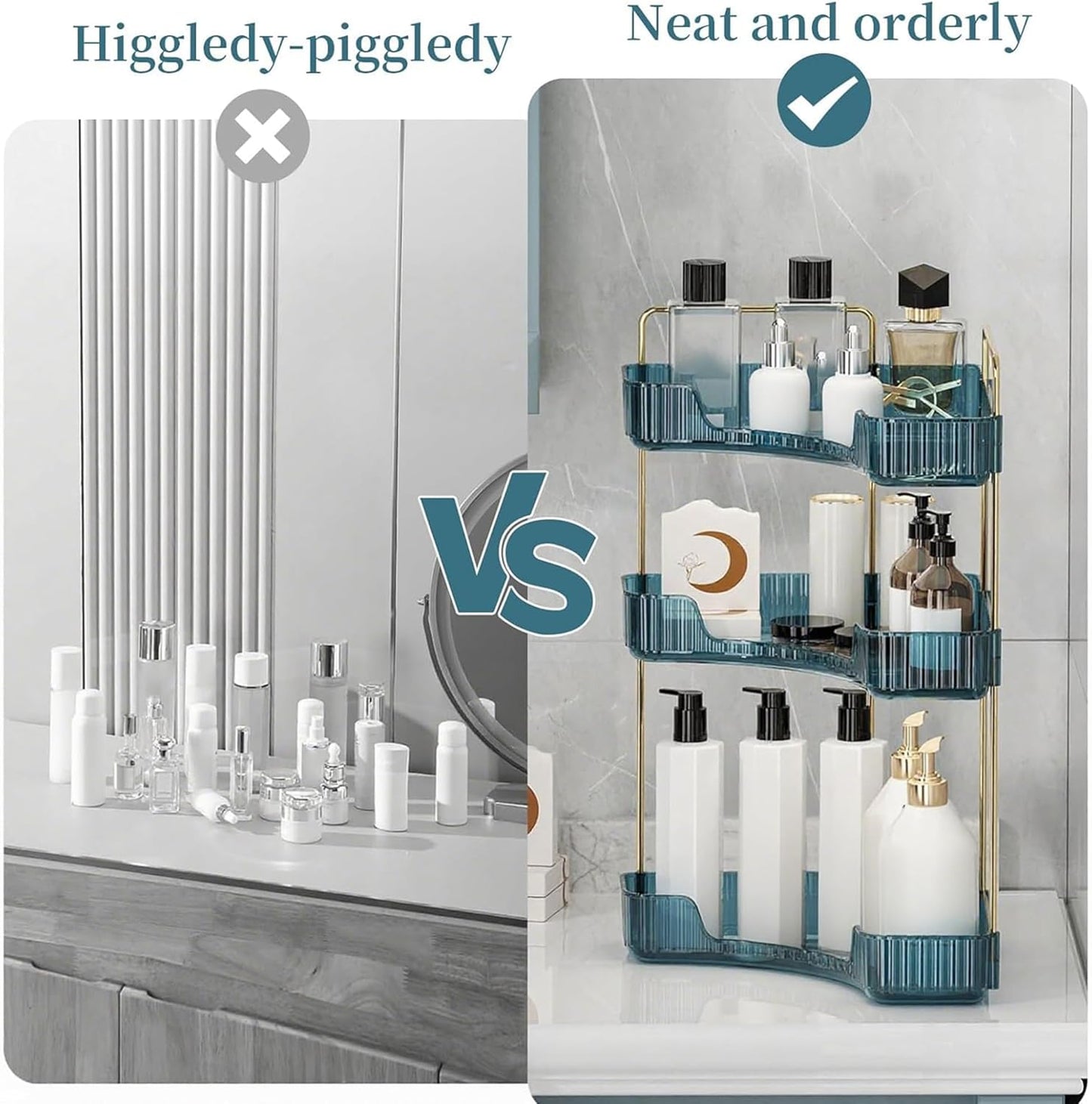 Corner Bathroom Countertop Organizer - 3-Tier Vanity Makeup & Perfume Storage Tray | Blue