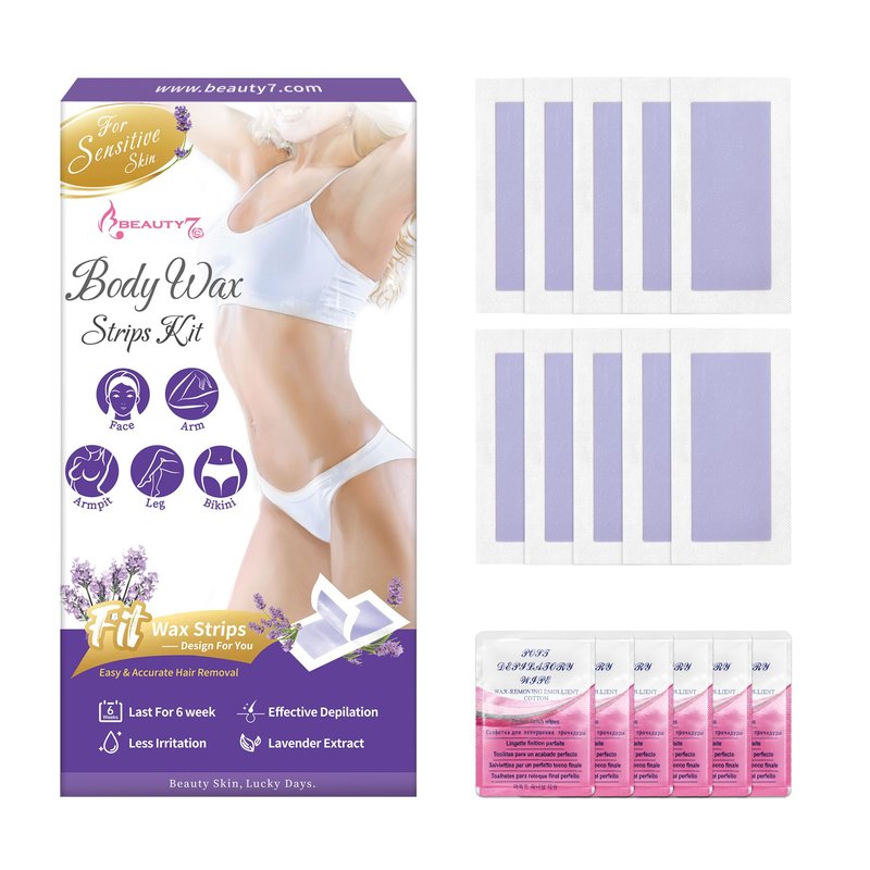 Beauty7 Women Wax Strips for Body, Ready to Use Waxing Strips, Legs Arms Chest Bikini Waxing, At Home Waxing, 20 Strip 6 Calming Oil Wipes for Sensitive Skin