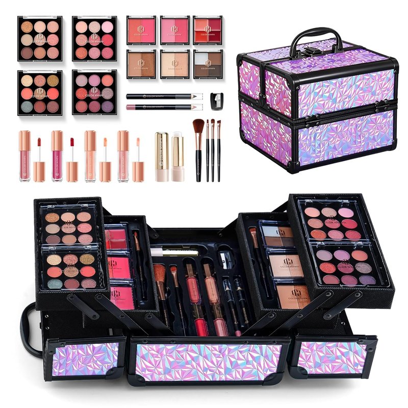 All In One Makeup Kit - Travel Set with 4 Trays | Eyeshadow, Highlighter, Lip Gloss & More for Teens