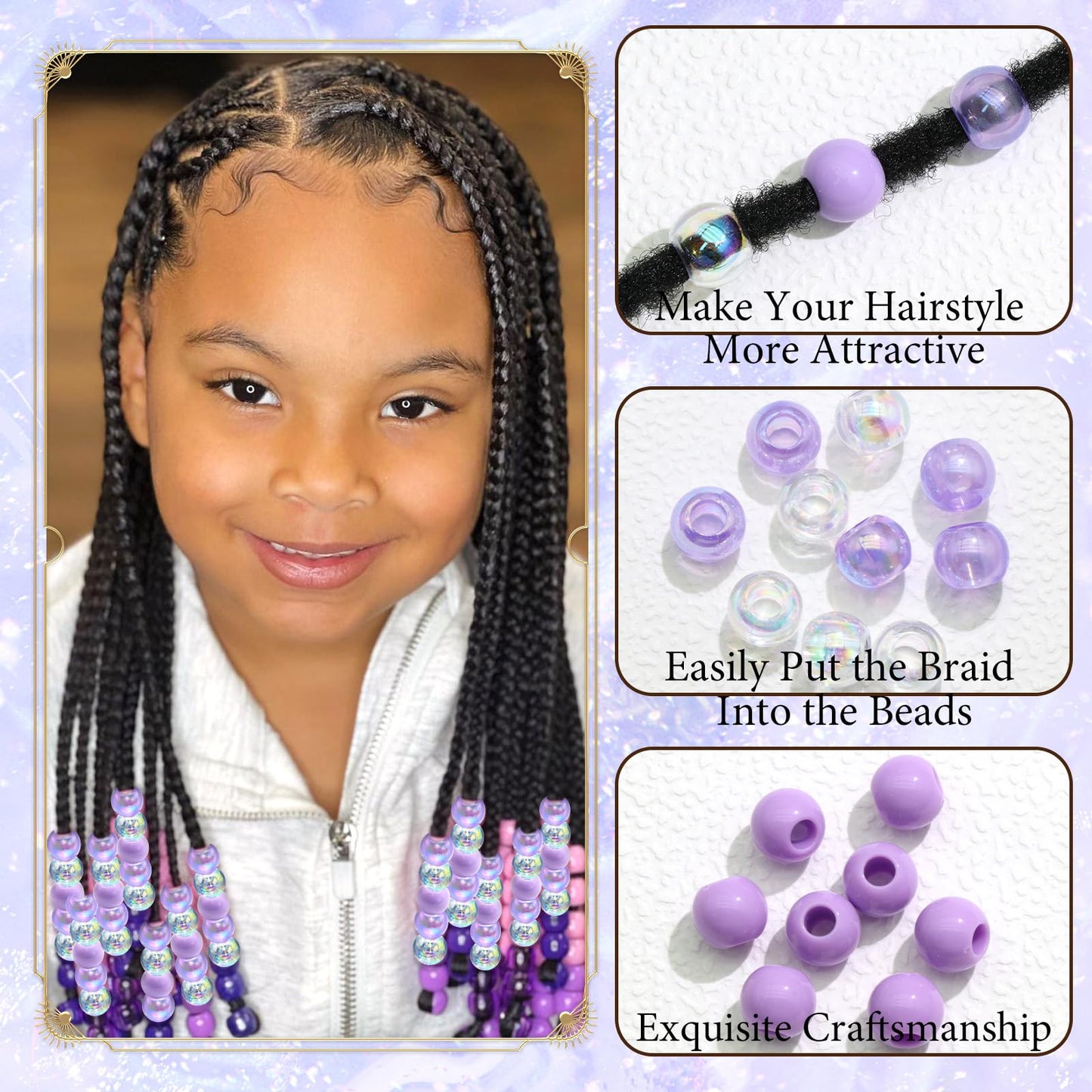 NAISKA 60Pcs Purple Hair Beads for Kids Girls Acrylic Beads for Hair White Clear Cute Bead for Braids Small Pony Beaded Hair Clips Toddler Dreadlock Bead Braid Clips Accessories for Women