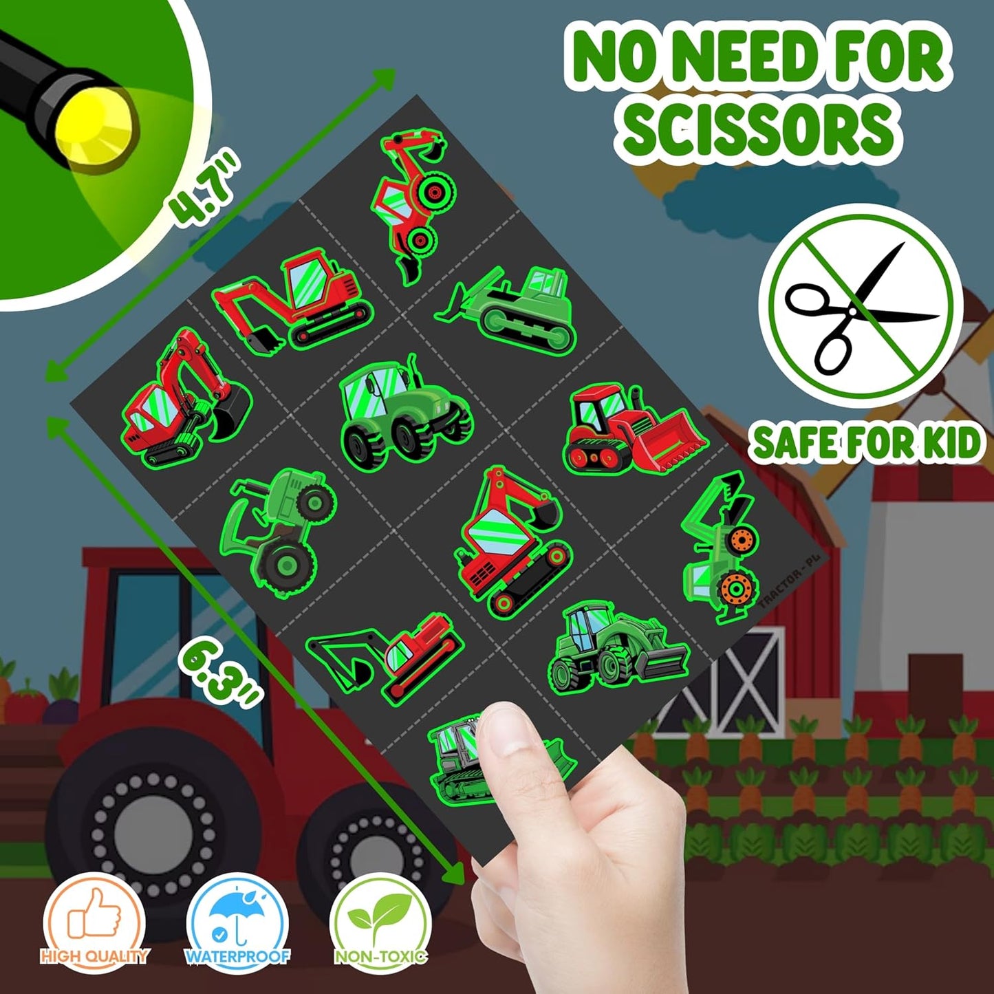 Tractor Party Favors - 72 PCS Luminous Tattoos & LED Finger Lights | Glow in the Dark Birthday Goodie Bag Fillers for Kids
