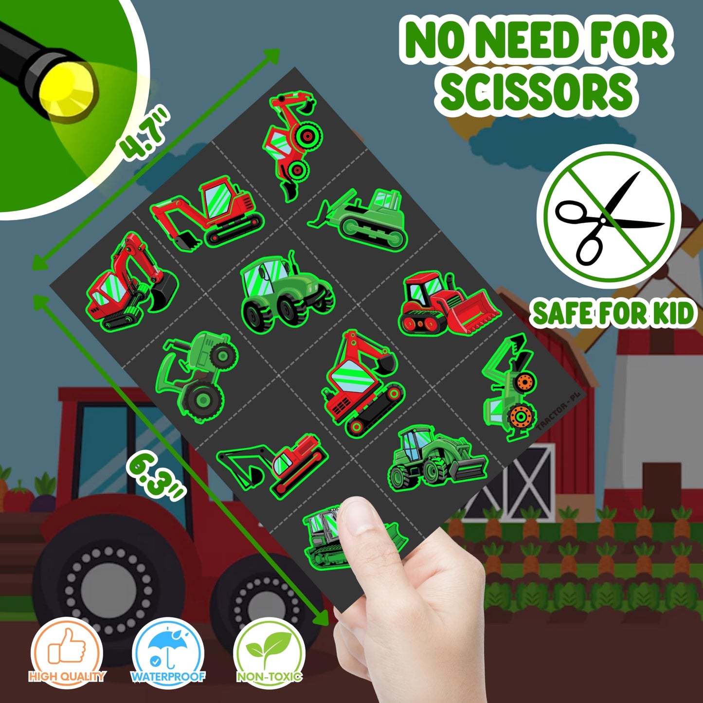 72 PCS Tractor Party Favors – 48 PCS Luminous Tattoos & 24 PCS LED Finger Lights Combo – Birthday Goodie Bag Fillers, Party Supplies, Gifts Light Up Toys Glow In The Dark for Boys and Girls