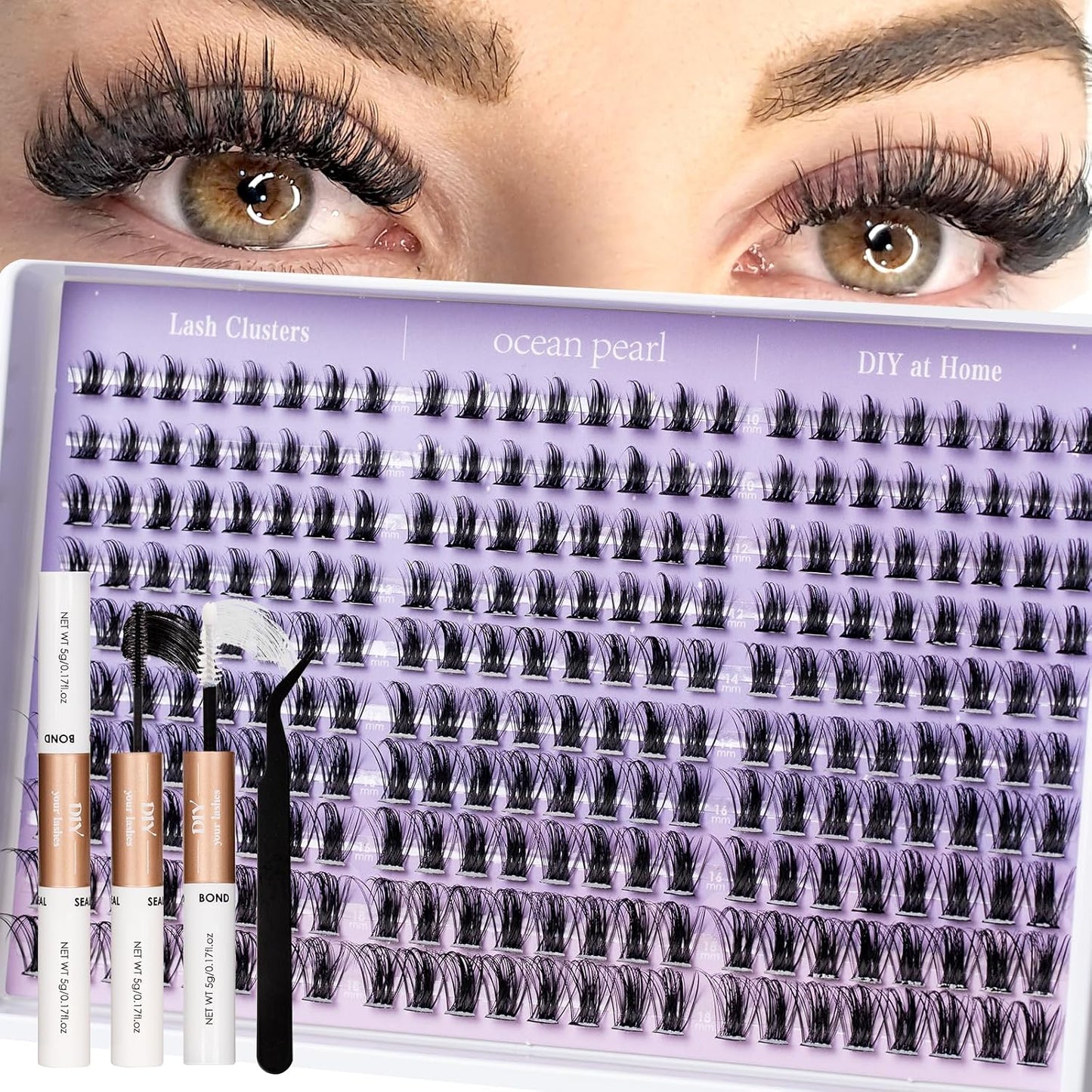 Ocean Pearl Lash Clusters - 320 Pcs 11-20mm Eyelash Extension Kit | 40D, 50D, 100D with Adhesive & Tweezers