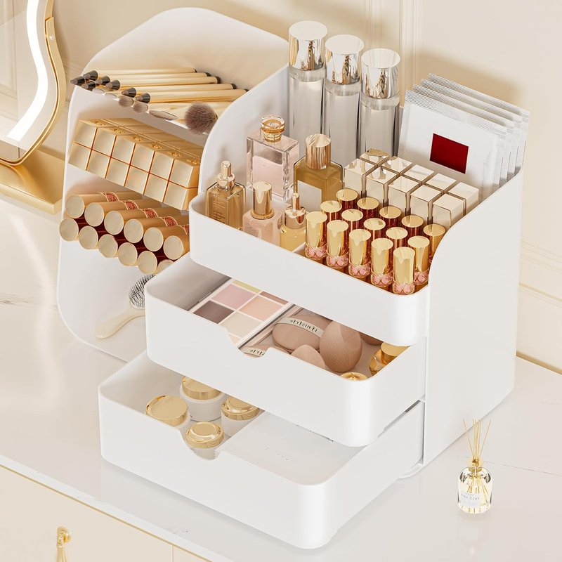 Makeup Organizer with 2 Drawers & Brush Holders - Versatile Cosmetic Storage for Vanity & Desk | All White, Medium