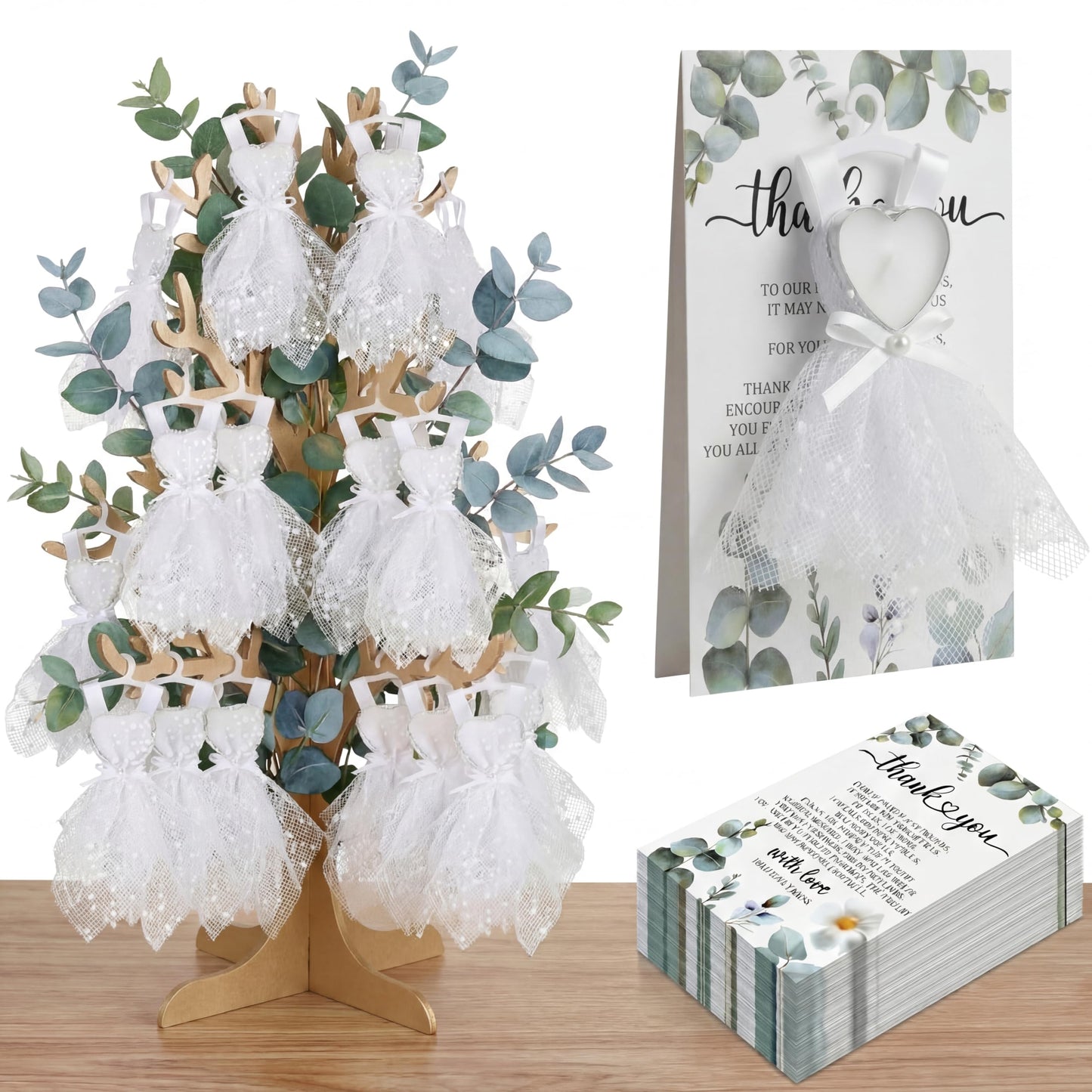 Conelist 150 Pcs/50 Sets Bridal Shower Party Favors Wedding Party Favors for Guests Bulk Bachelorette Heart Shaped Candles in Mini Wedding Dresses Engagement Bridesmaids Gifts with Thank You Card