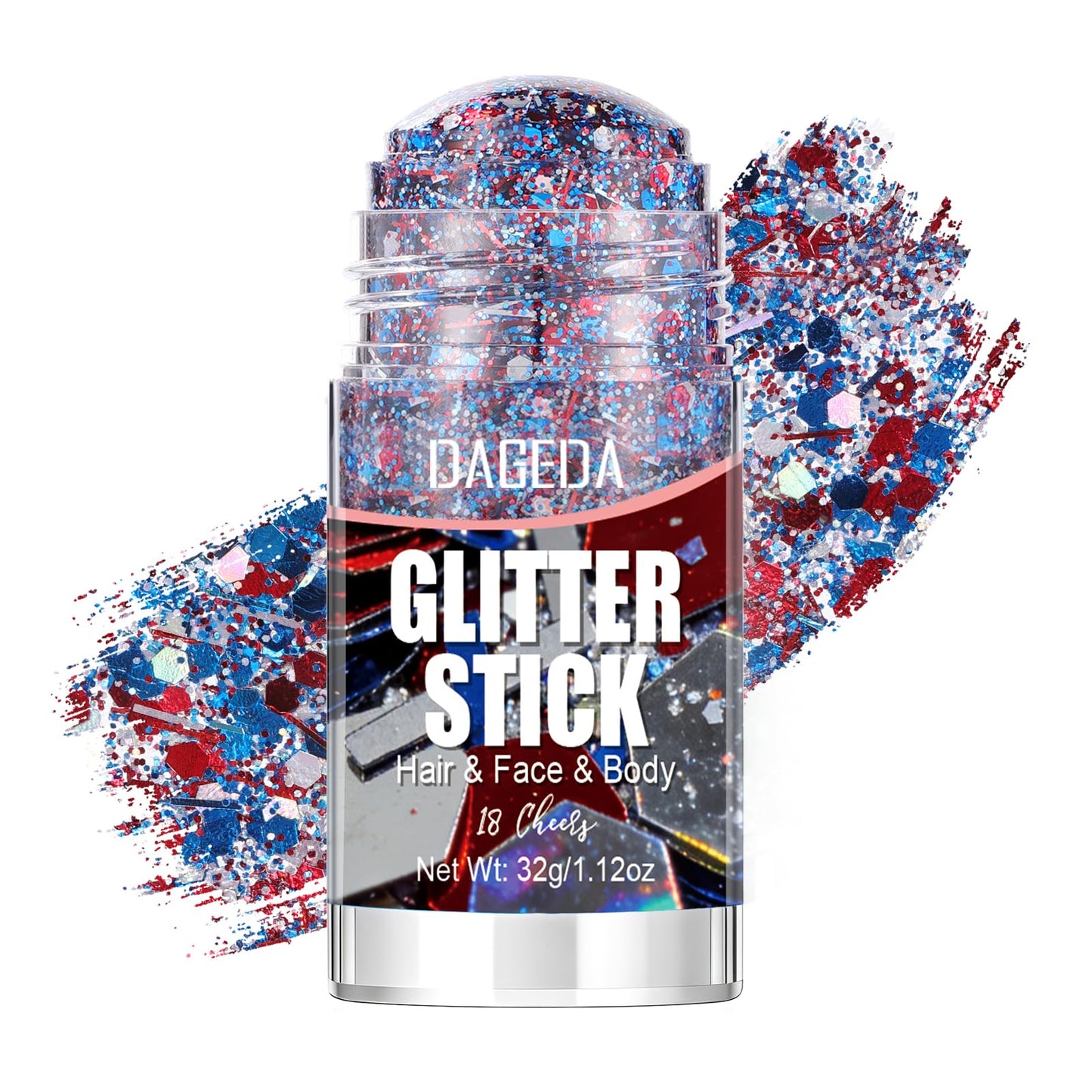 DAGEDA Red White Blue Face Body Glitter Stick,4th of July Accessories Sparkling Hair Glitter Makeup,Patriotic Red White Blue Patriotic Accessories,Fourth of July Outfit Flag Glitters Makeup(Cheers)