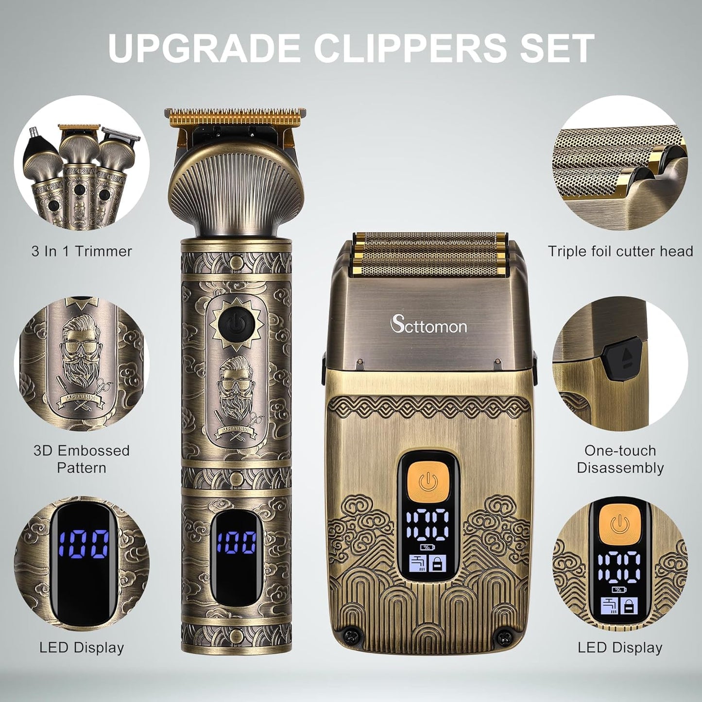 Scttomon T-Blade Hair Trimmers & Electric Shavers for Men Foil Shaver Beard Trimmer Men's Grooming Kit with Triple Blades Cordless
