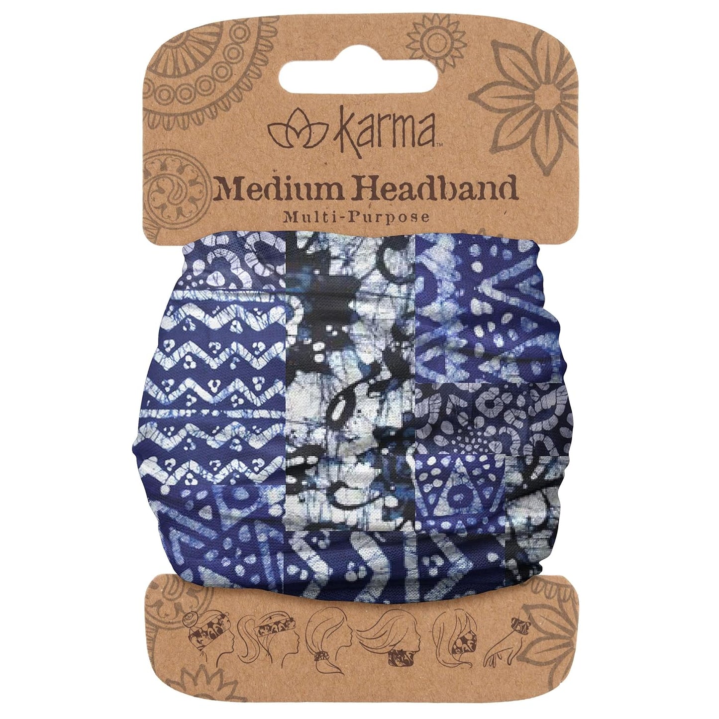 Floral Headband for Women | Stretchy Fabric Hair Scarf - Light Tan & Blue - Medium Size