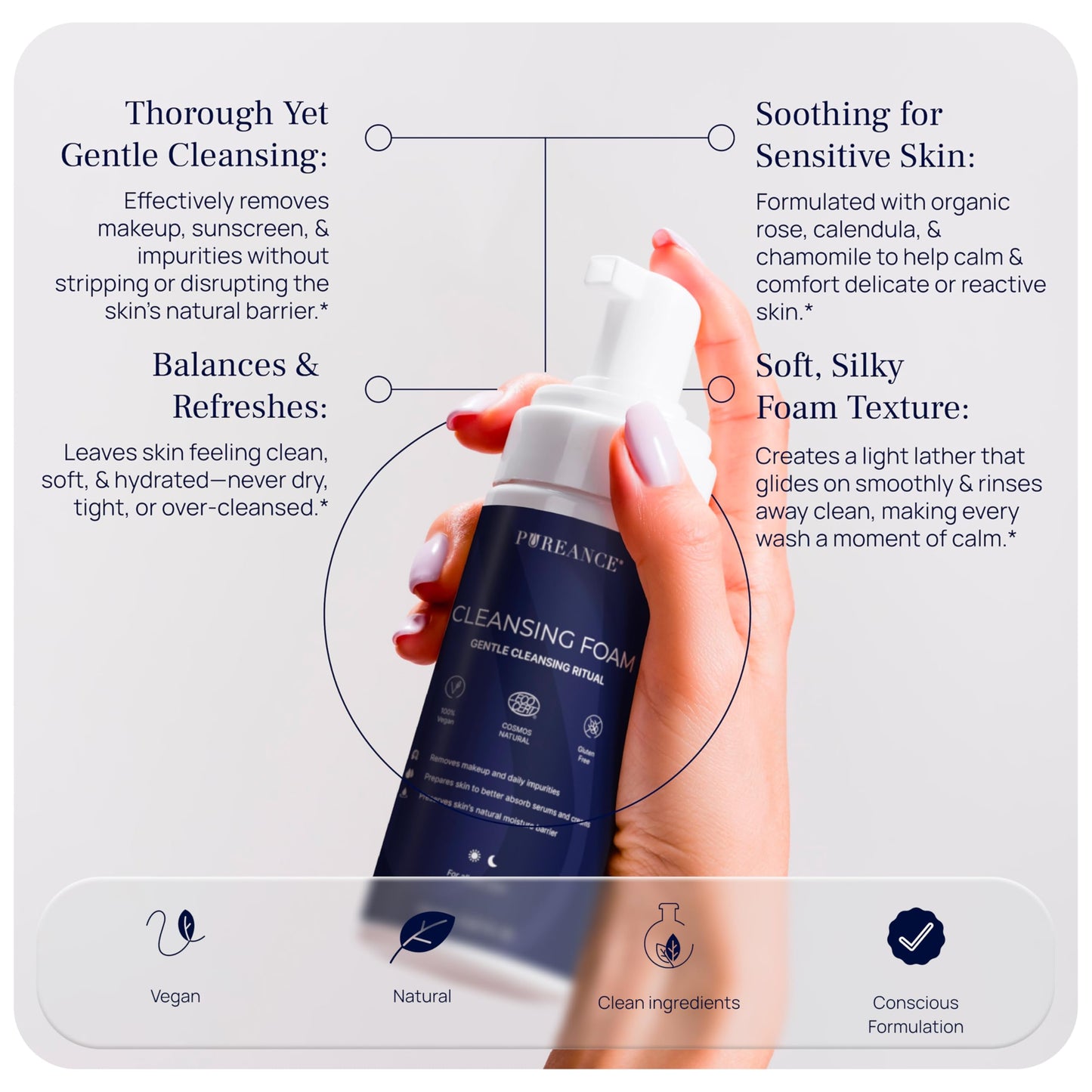 PUREANCE Cleansing Foam - Face Wash for Women - Gentle Foaming Facial Cleanser - Sensitive Skin Facewash - With Calendula, Chamomile, Lactic Acid & More - 5.07 Fl Oz