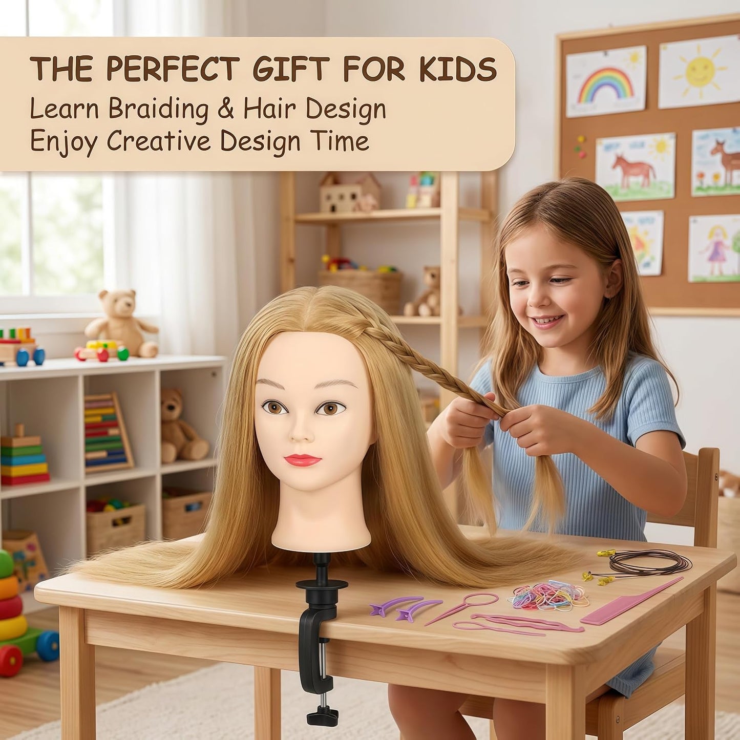 Human Hair Mannequin Head - 26 Inch Braiding Practice Head with Clamp Stand for Cosmetology & Kids | Golden