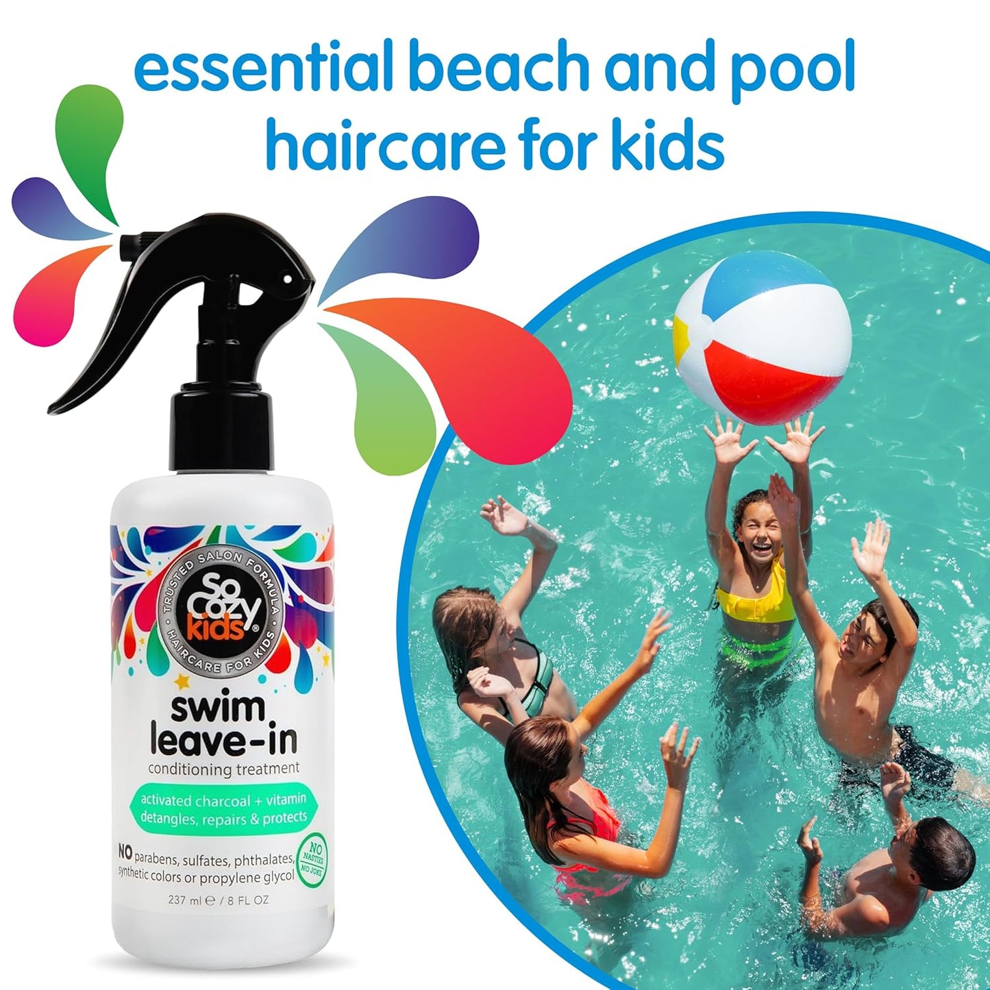 SoCozy Swim Leave-In Conditioner Spray for Kids | Protects & Repairs Pool & Sun Damaged Hair - 8 Fl Oz, Gentle Formula with Activated Charcoal & Vitamin B5