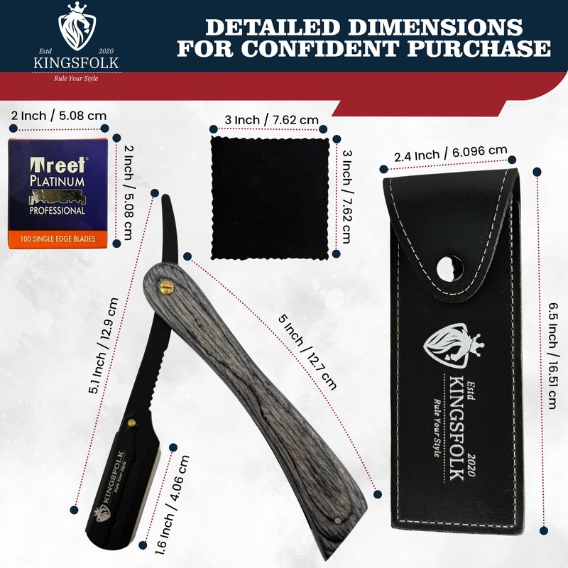 Kingsfolk Professional Straight Razor Kit for Men – Wooden Handle Razor with 100 Platinum Blades, Leather Case, Nitrile Gloves & Cleaning Cloth – Barber Grade Wet Shave Set