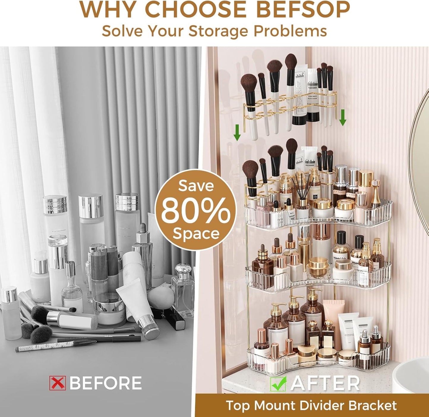 Corner Bathroom Counter Organizer - 3-Tier Makeup & Skincare Storage with Brush Holder | Clear