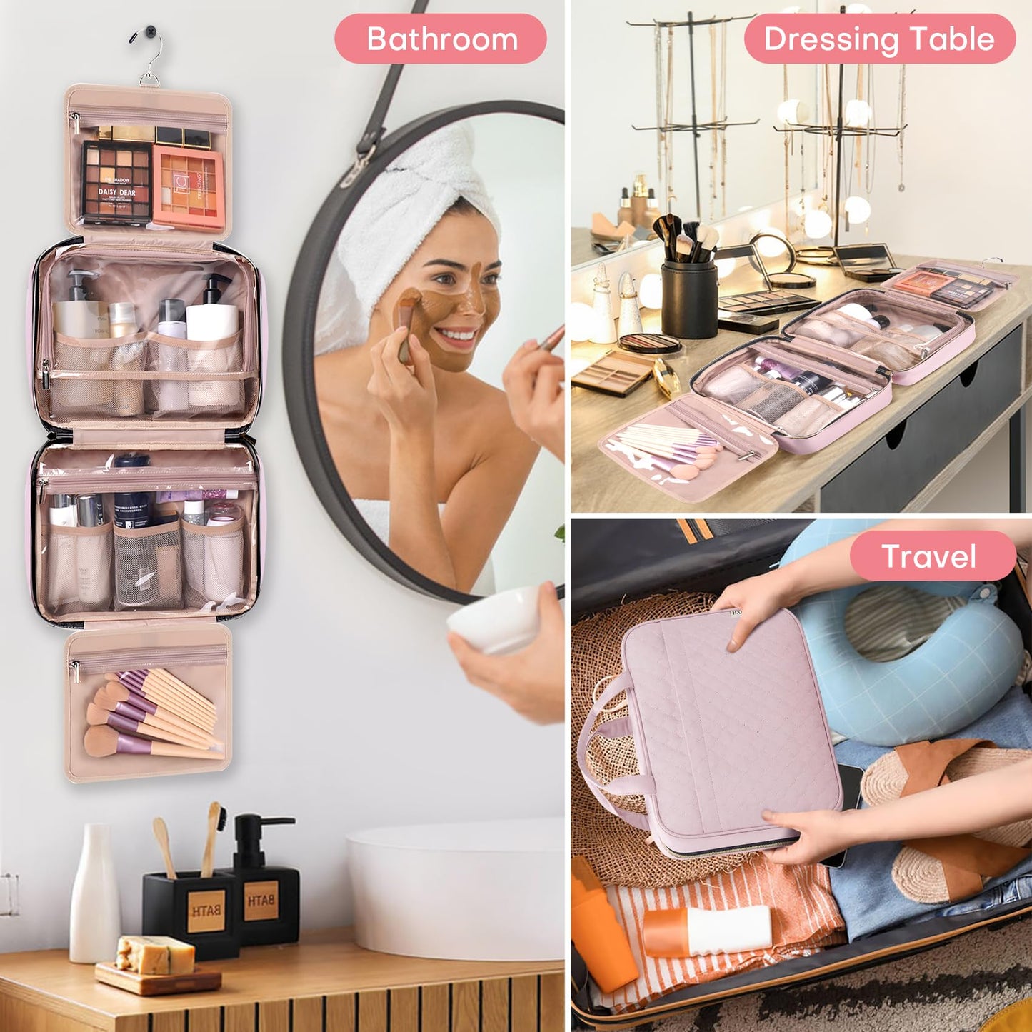 HXLGMD Travel Size Toiletry Bag for Women, Portable Cosmetic Bag with Hanging Hook, Travel Essentials Water-resistant Makeup Organizer for Accessories, Shampoo, Full-size Container, Toiletries