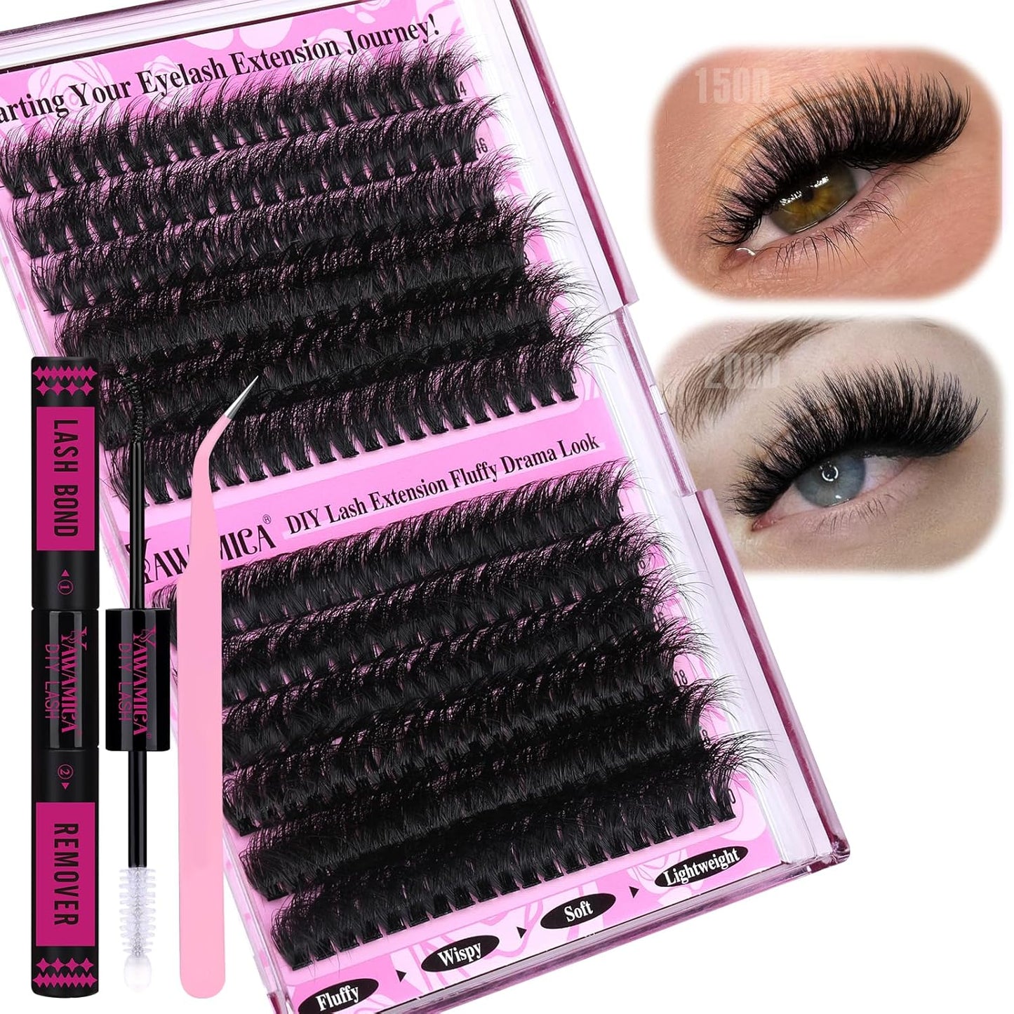 Fluffy Lash Clusters - 10-14mm D Curl Individual Eyelash Extensions | Thick 200D Volume for Soft Glam