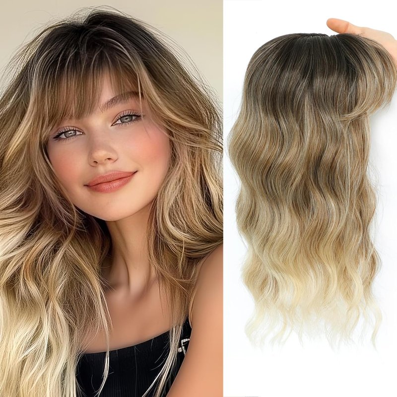 Hair Topper for Women - 16 Inch Synthetic Curly Wavy Clip-In with Wispy Bangs | Natural-Looking Volume (Mixed Brown to Blonde)