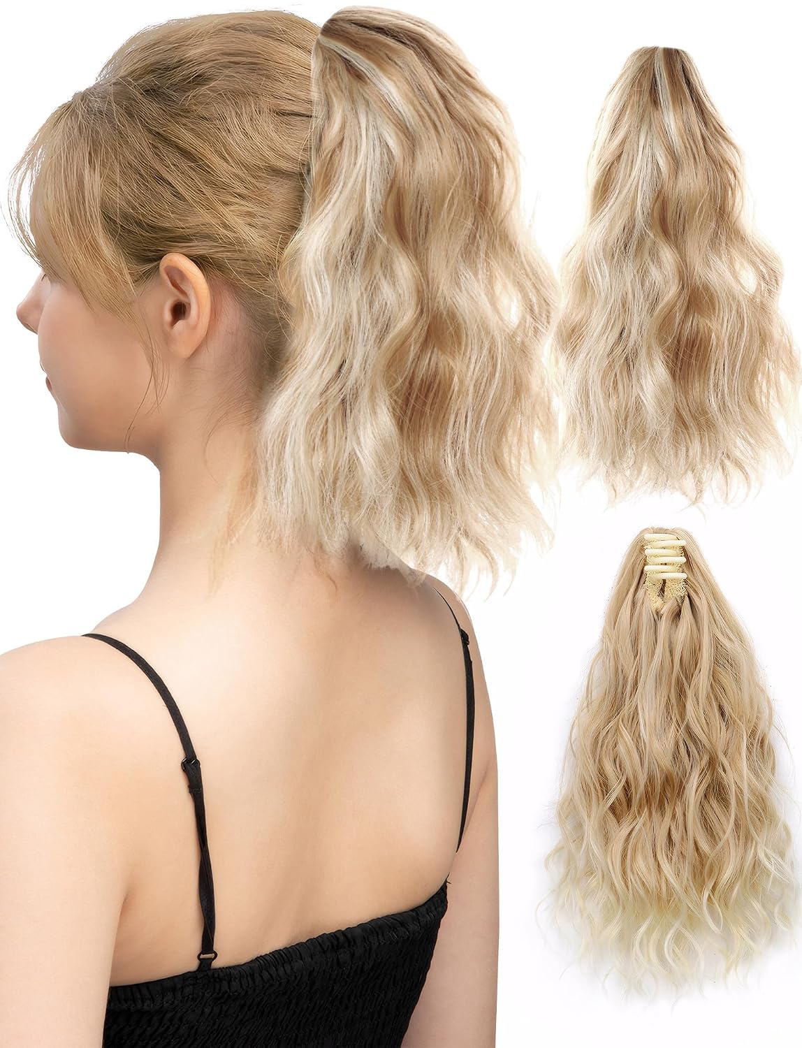 Curly Wavy Ponytail Hairpiece - 13-Inch Synthetic Claw Clip Extension | Honey Blonde