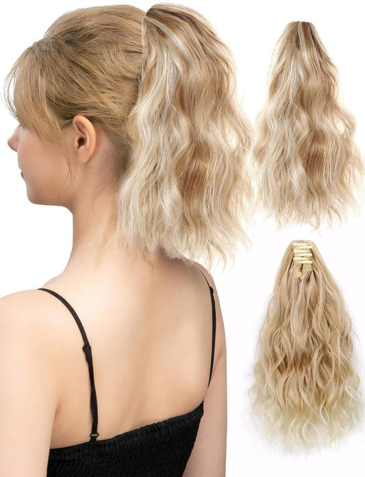 Curly Wavy Ponytail Hairpiece - 13-Inch Synthetic Claw Clip Extension | Honey Blonde