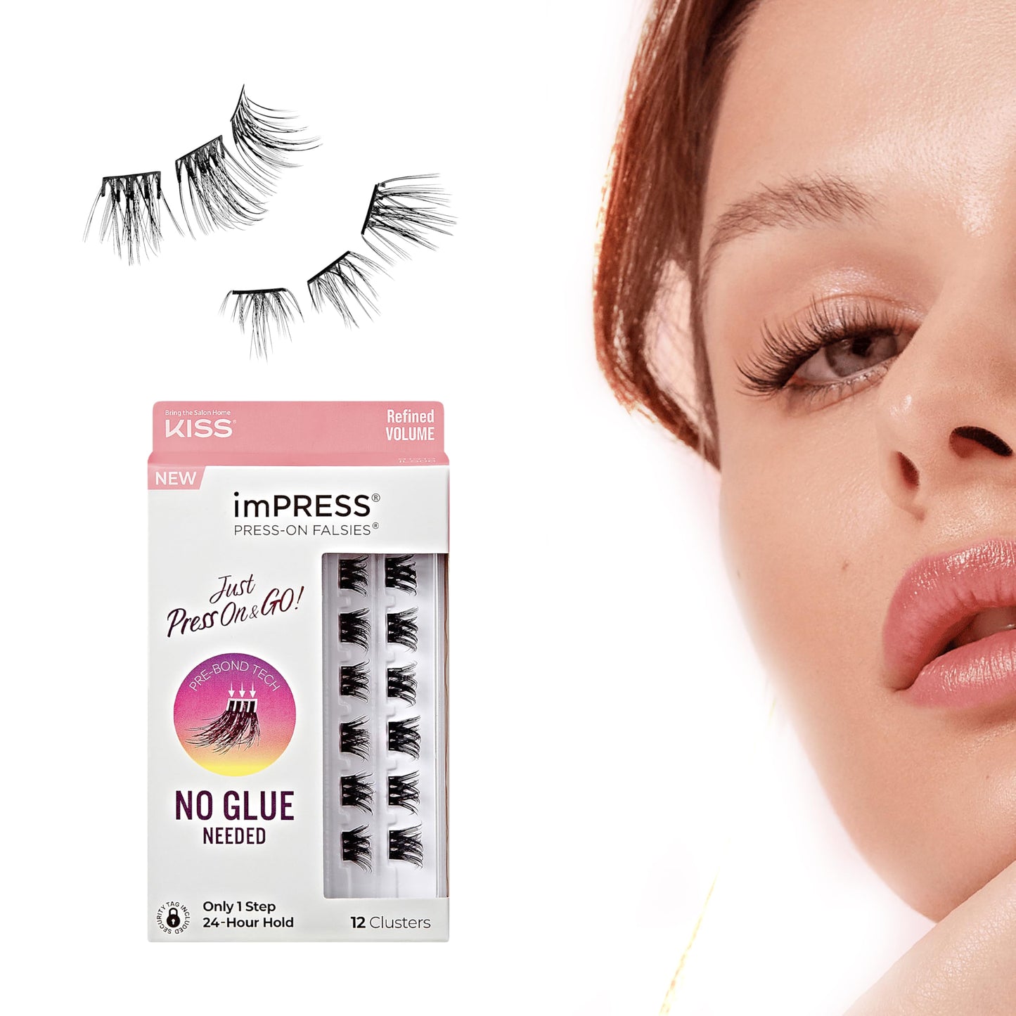 Kiss Impress Falsies Press On Self Adhesive Eyelashes, 12mm - 14mm Glam Volume Press On Lashes, Black, No Glue Needed, Invisible Band, 12 Lash Clusters - Lavish