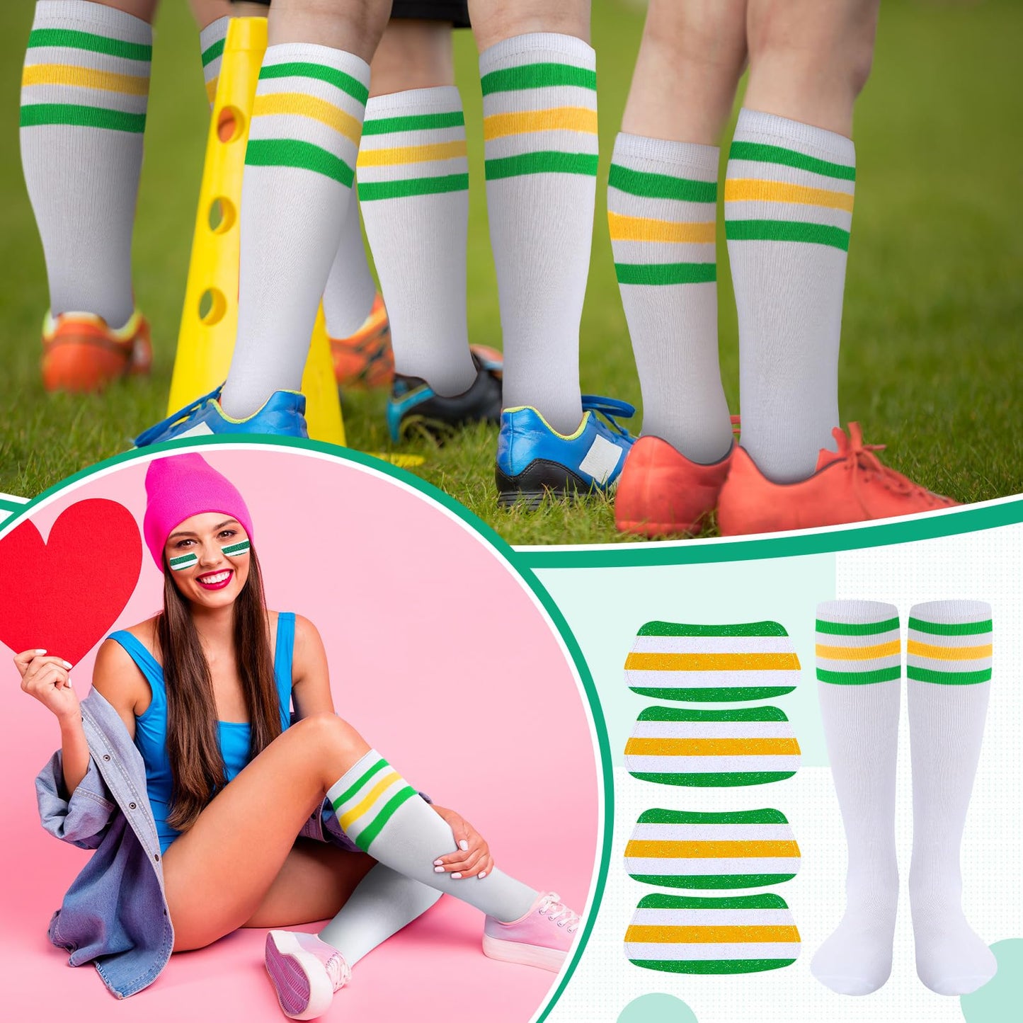 Panitay 2/12/16/24 Pairs Softball Soccer Socks Glitter Eye Black Stickers Team Spirit Accessories for Youth Women Sport Wear(12 Pcs,Green, White, Yellow)