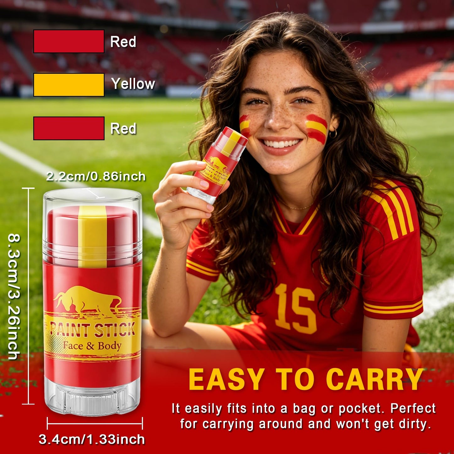 LZXLUKGIR Red Yellow and Red Face Paint Stick,3 in 1 Colors Spain Face Body Paint Sticks for Soccer,Football,Softball,Baseball,High Pigment & Waterproof Eye Black Stick Makeup （03 Spain）