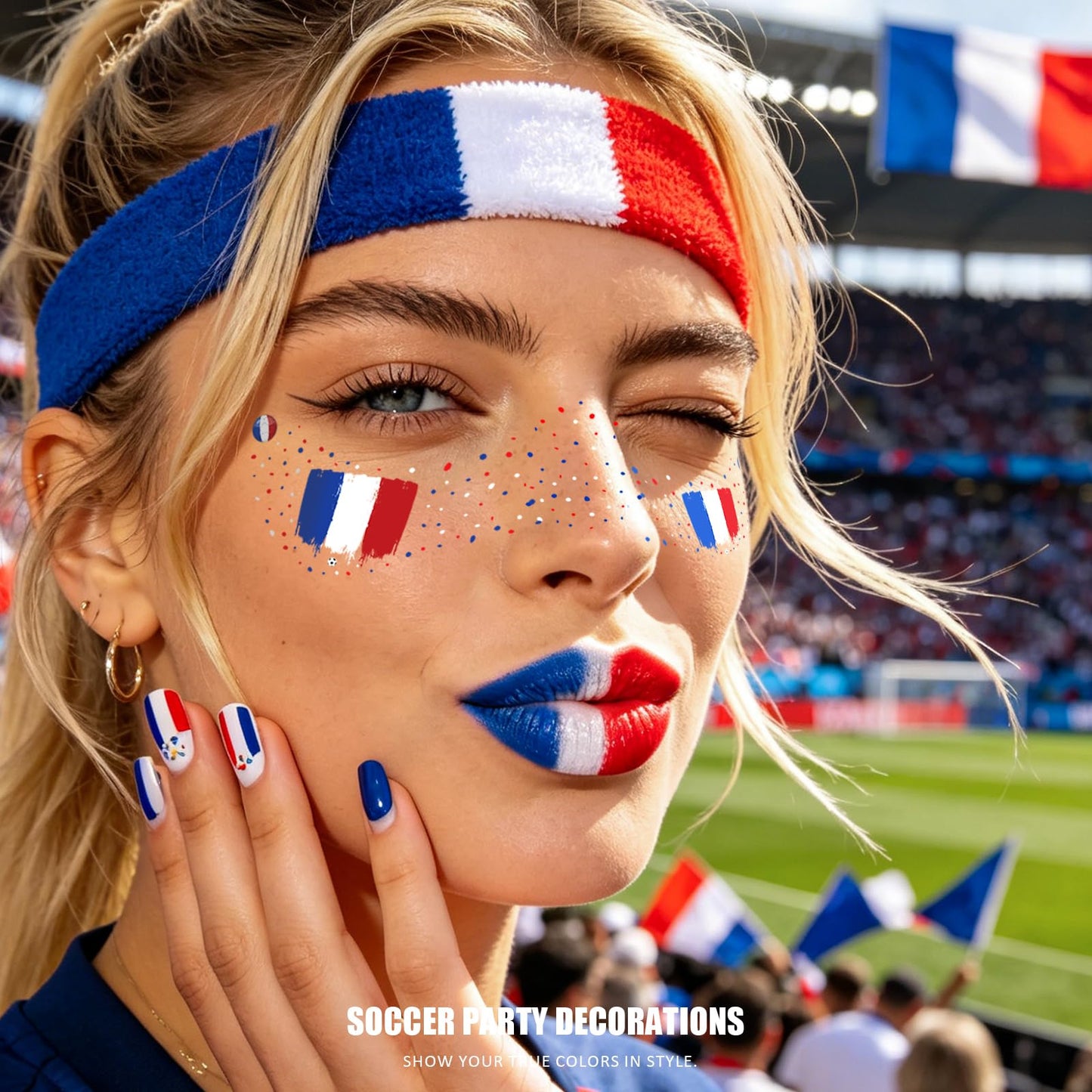 VXZ Blue White Red Soccer Fan Freckles Face Tattoo - Tricolor Vertical Flag Temporary Tattoos | Waterproof Sports Sparkle Stickers for Football Matches & Game Day Celebrations (8 Sheets)