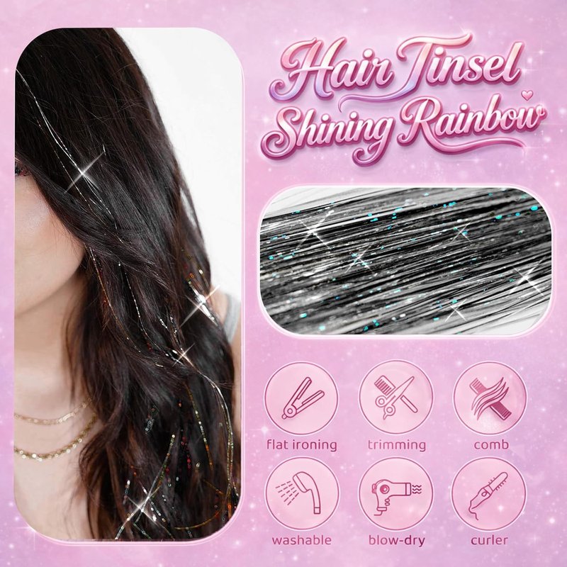 Black Hair Tinsel - 8 Pcs Fairy Hair Tinsel Kit | 48 Inch Glitter Hair Extensions for Parties & Festivals