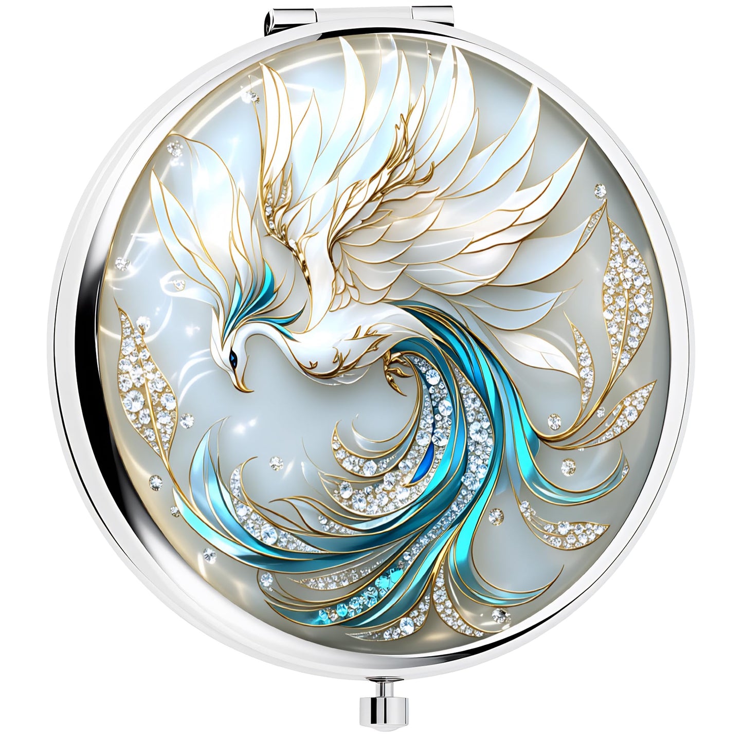 Silver Compact Mirror, 2.8x2.8inch Double-Sided Folding Makeup Mirror with White Phoenix Design, Ideal Gift for Women