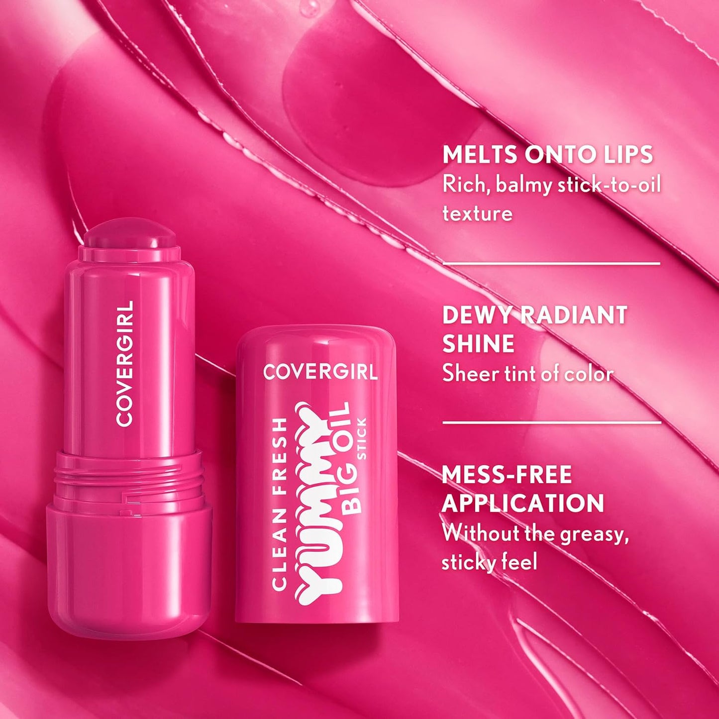 COVERGIRL Clean Fresh Yummy Big Oil Stick - Flavored Lip Oil for Dewy Finish | 140 My Strawbooty (Sheer Pink Red)