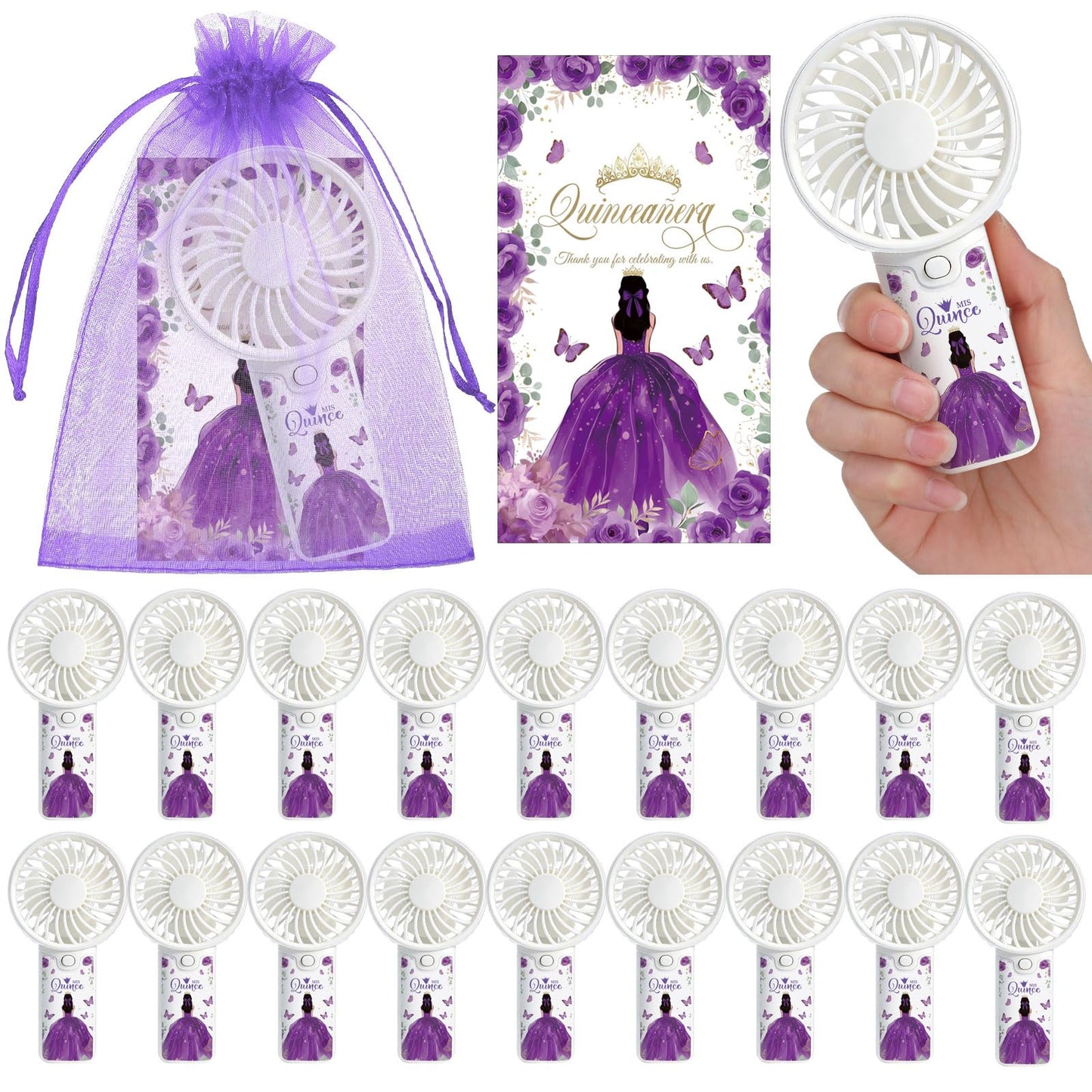 Tuanse 25 Set Recuerdos Para 15 Años Quinceañeras Quinceanera Fan Party Favors Gifts for Guests Portable Handheld Electric Fans with Thank You Cards Organza Bags for Birthday Decor Guests(Purple)