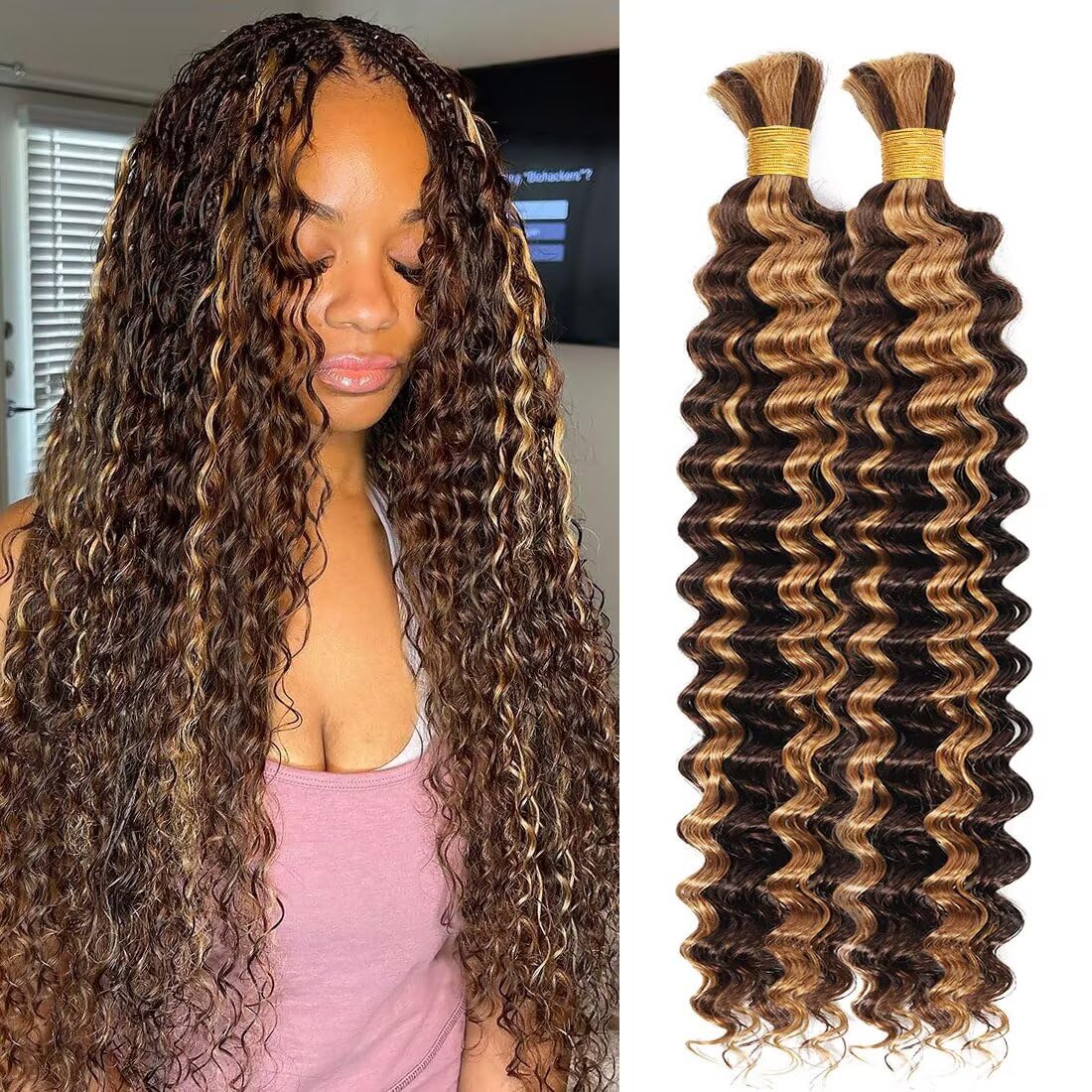 Unprocessed Human Hair for Braiding - #27 Honey Blonde Curly Bulk Hair | 24 Inch, 100g, 2 Bundles