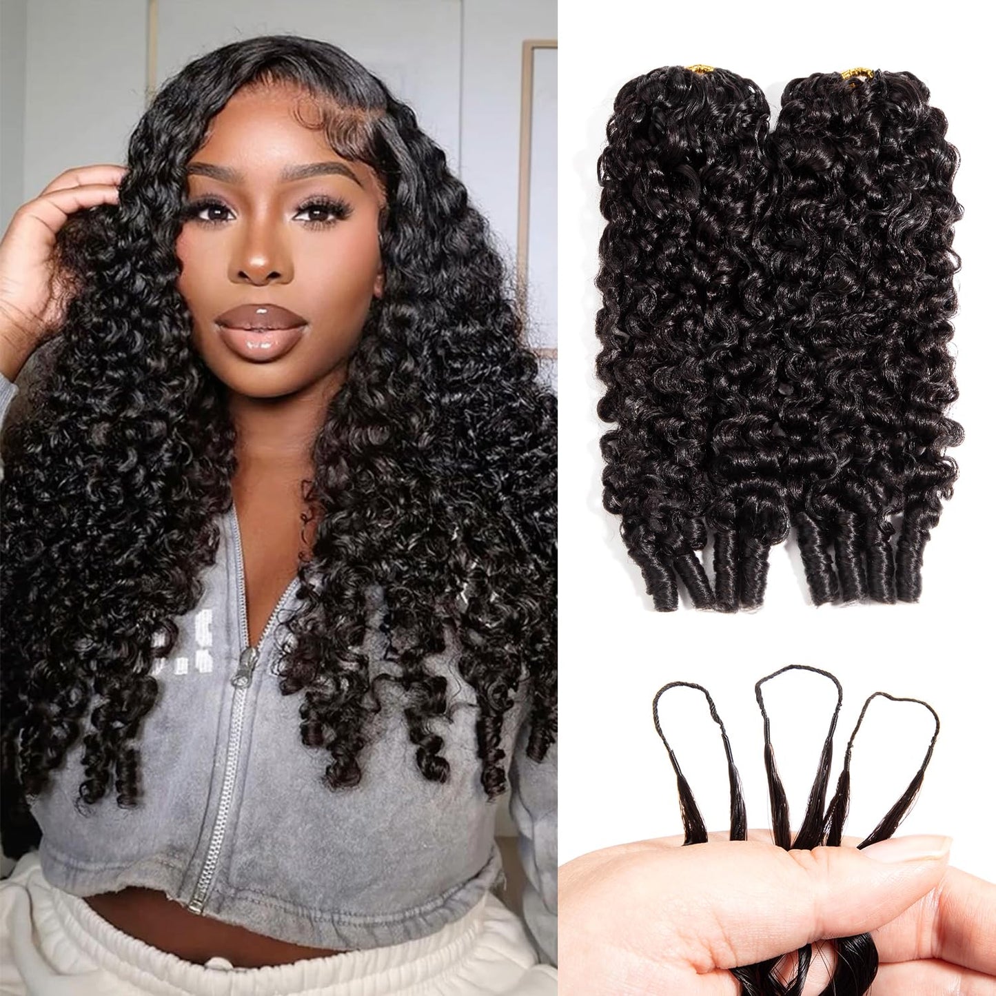 Burmese Curly Human Hair Crochet Bundles - 16 Inch 120g Knotless Pre-Separated Water Curly Extensions | Natural Black Color