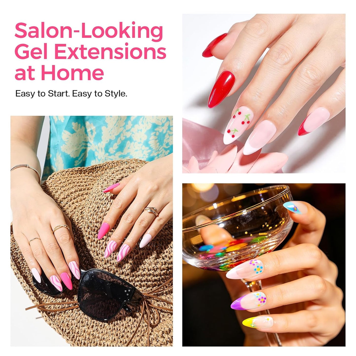 Nail Extension Starter Kit | Gel Tips Set for Beginners - Medium Almond 504 Pcs with Base Coat & UV Lamp