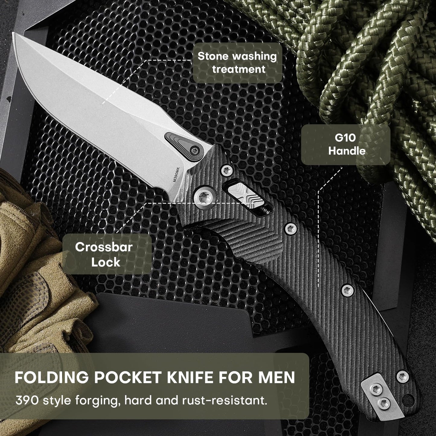 Folding Pocket Knife for Men, M390 3.7" Blade with G10 Handle and Crossbar Lock, EDC Knife for Camping, Hiking, and Outdoor Gifts for Him (Black)