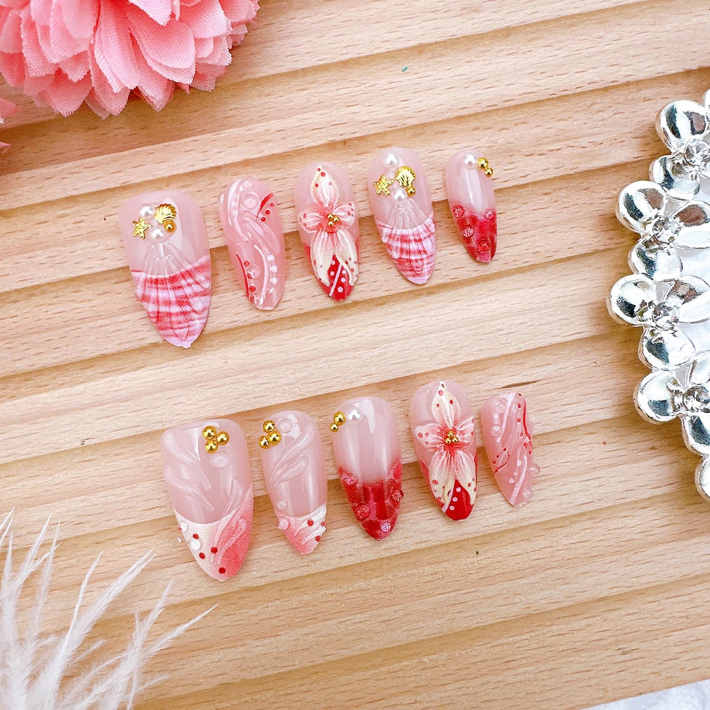 French Tip Press-On Nails - 30pcs Medium Almond Acrylic with 3D Flower & Pearl Design | Reusable Summer Nail Art