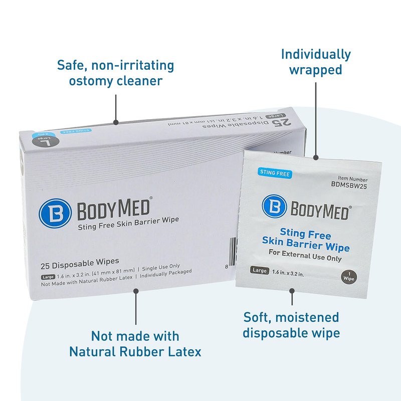 BodyMed Skin Barrier Wipes - Ostomy Care Film Wipes for Skin and Wound Cleaning - No Sting Formula - 1.6 in. x 3.2 in., Individually Wrapped, 25 Pack