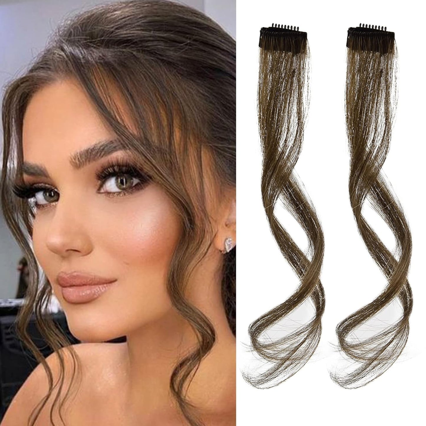 Long Side Air Bangs - Wavy Curly Clip-In Curtain Bangs for Women | 12 Inch Face-Framing Highlights in Grey/Brown/Silver/White