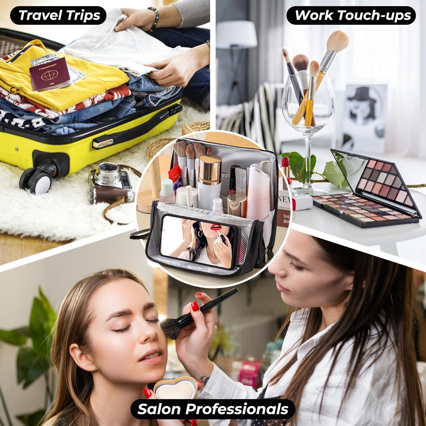 LFZHAN Standing Makeup Bag Organizer with 6 Brush Guards, Portable Makeup Organizer Bag for Travel, Stand Up Cosmetic Case with Brush Protectors (Black)
