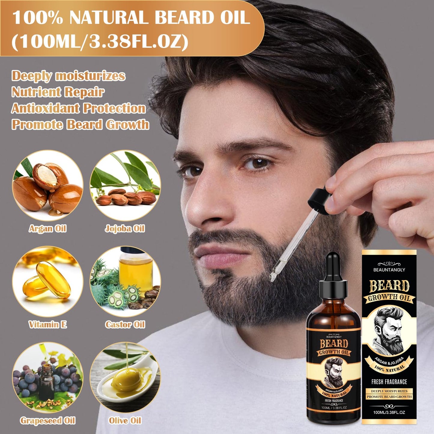 Beard Growth Oil for Men, 100% Natural Beard Oil with Argan Oil, Jojoba Oil, Castor Oil - 3.38 FL/100ML Fresh Fragrance Beard Conditioner Softens, Nourishes,Strengthens, Promotes Beard Growth