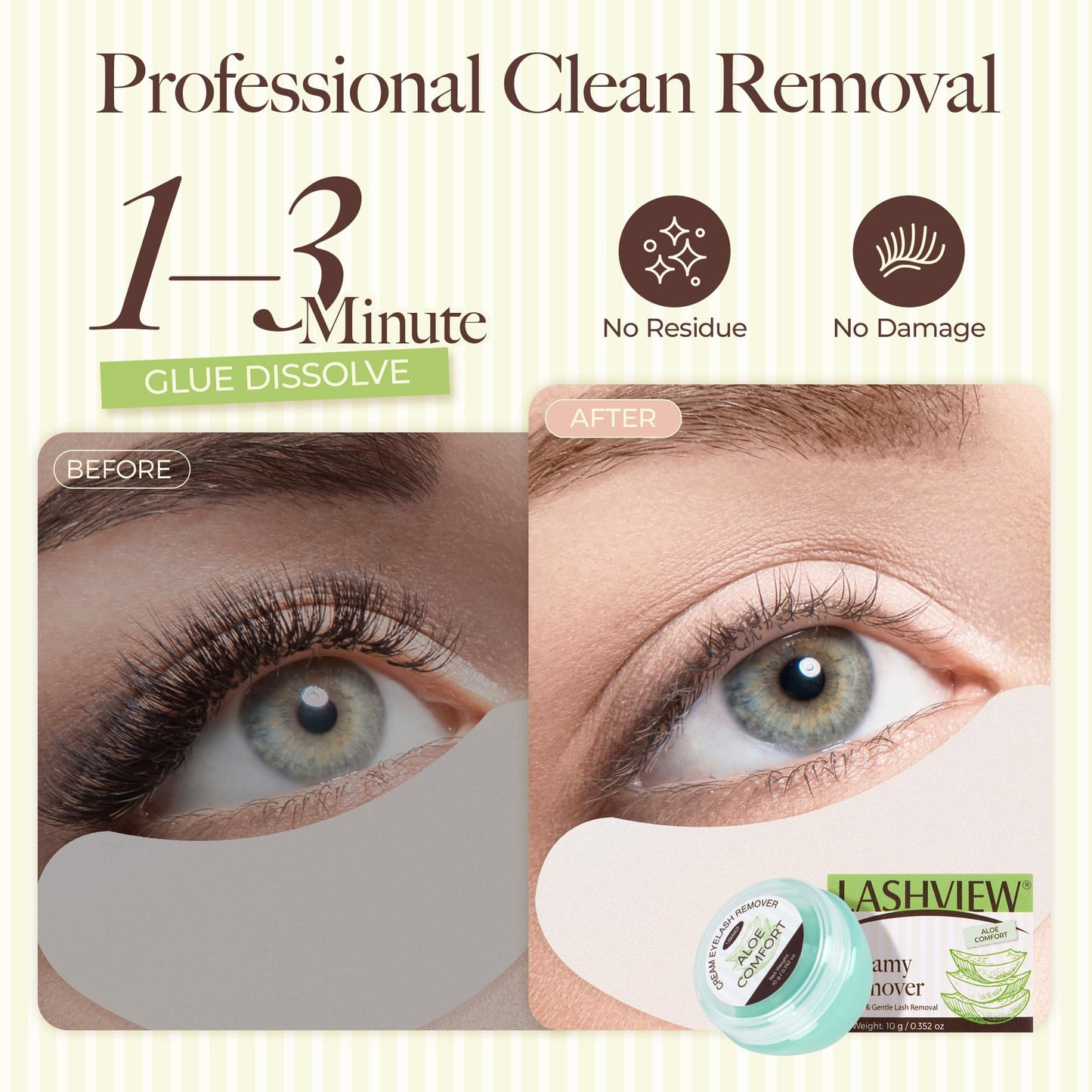 LASHVIEW Eyelash Extension Remover Cream 10g - Gentle Aloe Vera Formula | Hypoallergenic & Low Irritation | Lash Removal Kit with Eye Patches & Cotton Swabs