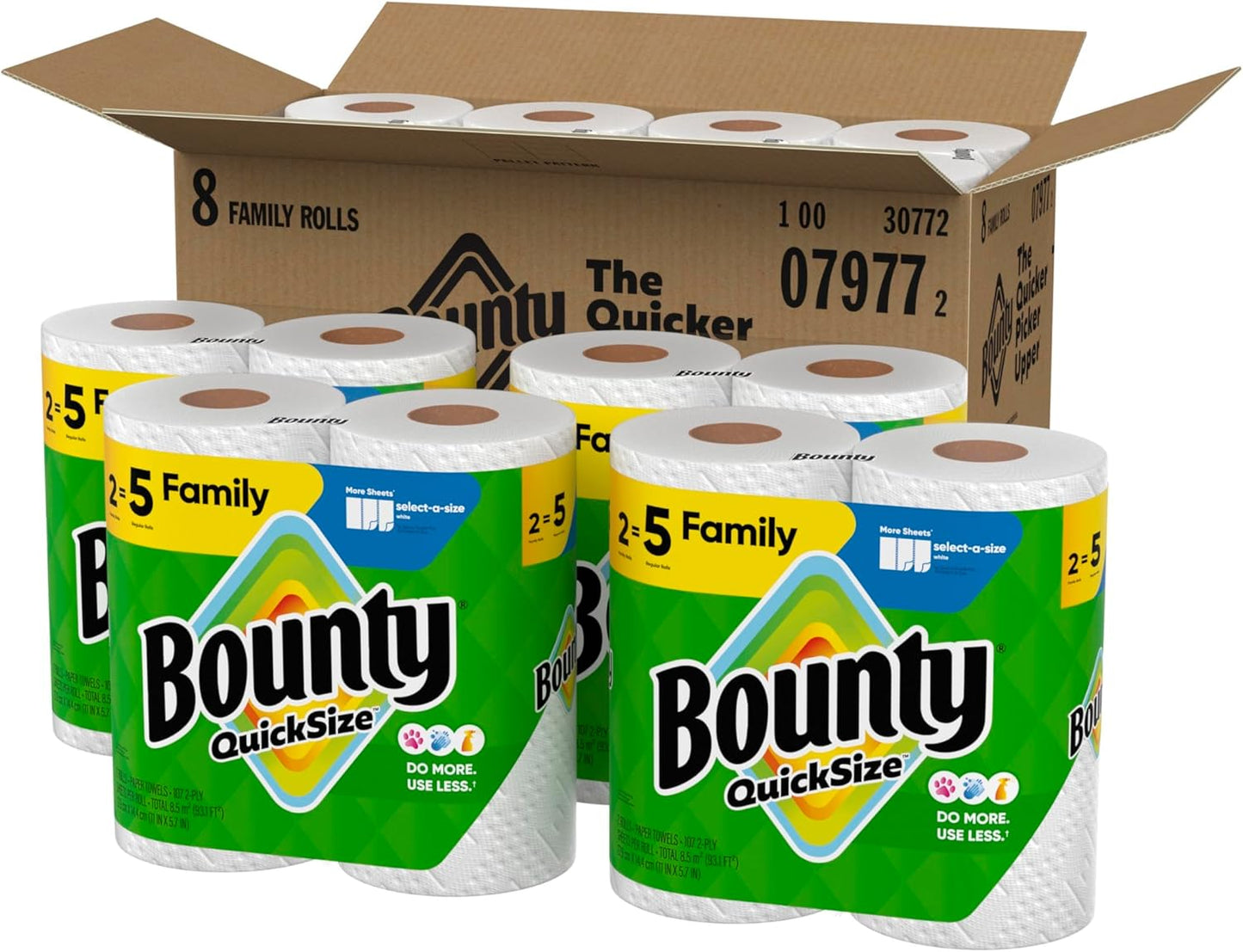 Bounty Quick Size Paper Towels - Super Absorbent White Rolls | 8 Family Rolls