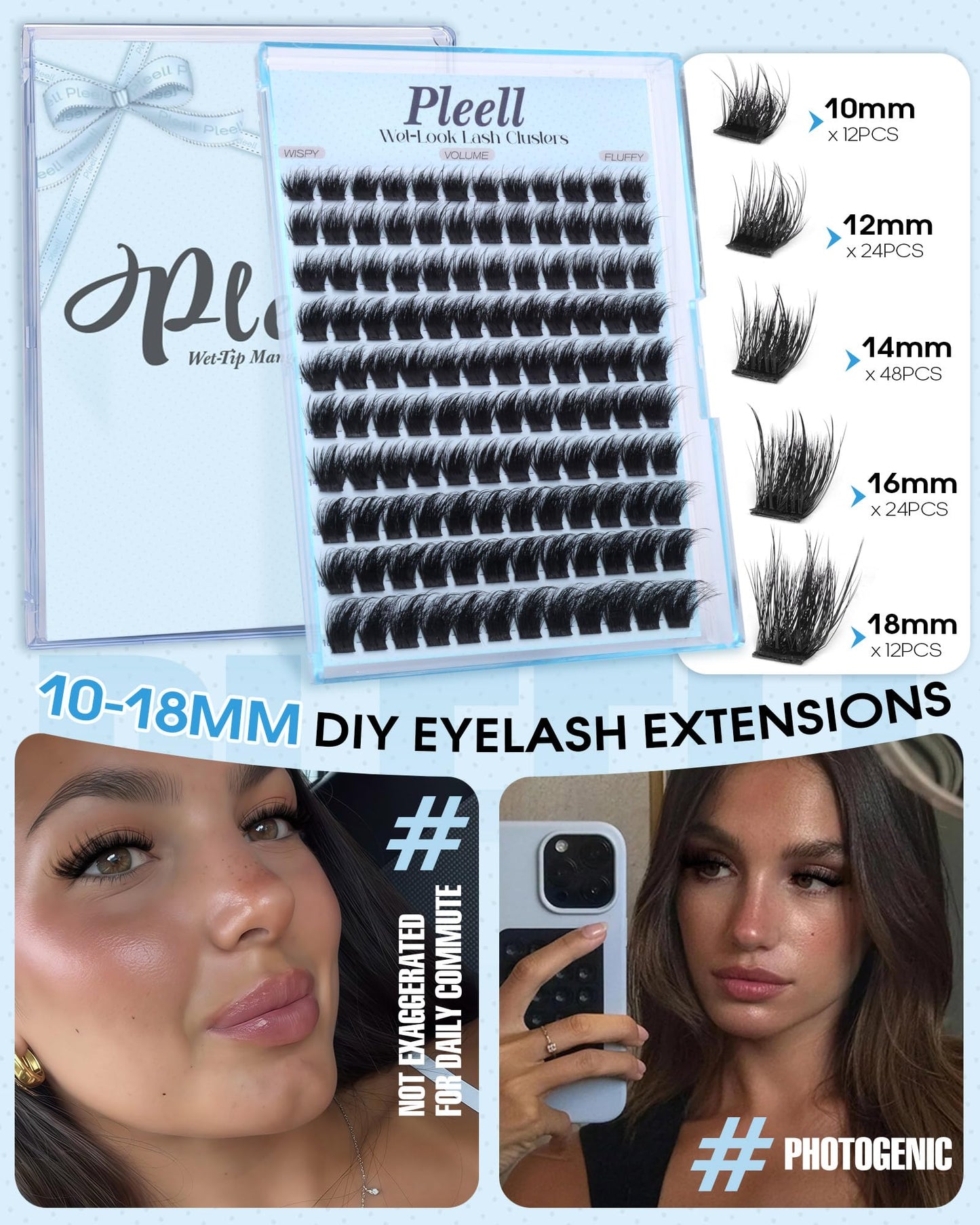 Fluffy Lash Clusters Wispy Eyelash Clusters 10-18mm DIY Cluster Eyelash Extensions D Curl Fairy Lashes Clusters Volume Individual Lashes with Wide Band by Pleell