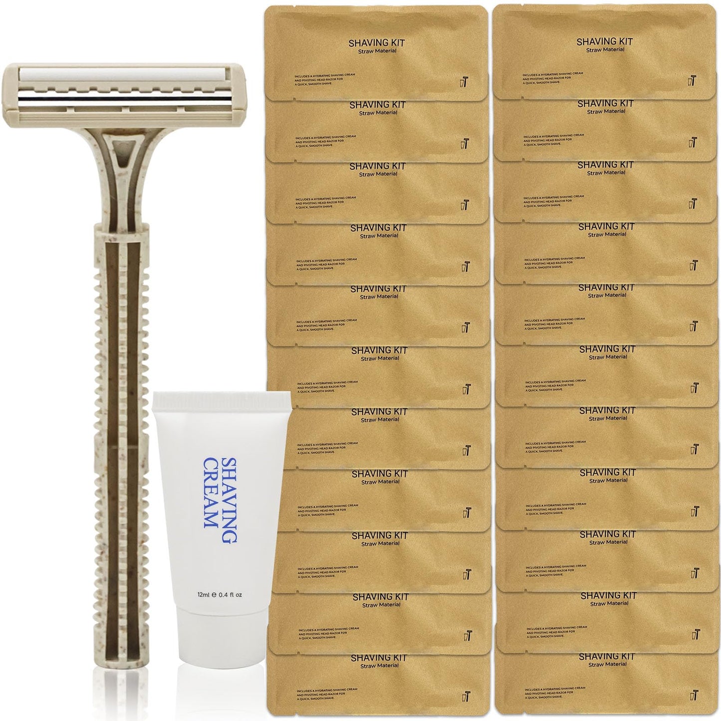 Disposable Shave Kit for Men &Women - 100 Pcs Wheat Straw Razors and Cream Bulk, Individually Wrapped Portable Toiletries Amenities for Hotel, Airbnb, Homeless, Shelter, Charity, Camping and Travel