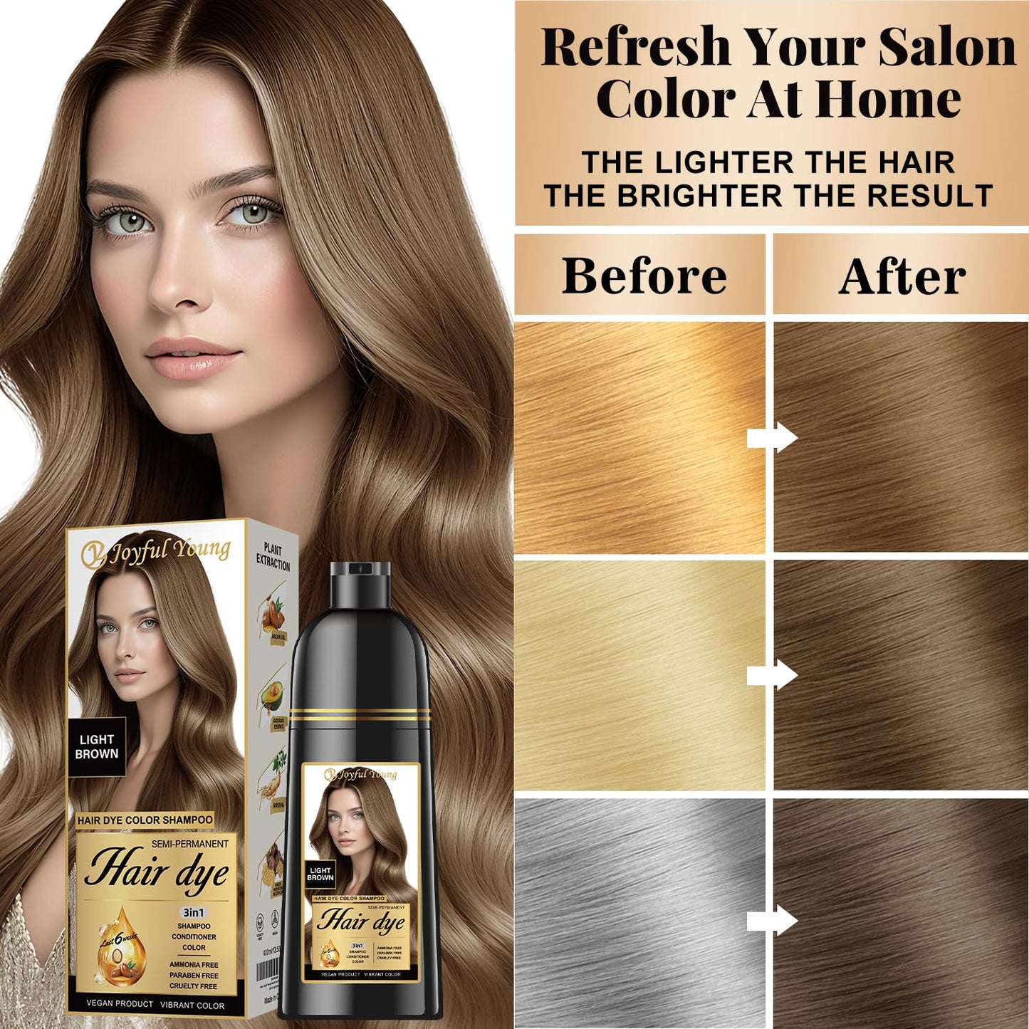 Joyful Young Hair Dye Shampoo 3-in-1, Light Brown Semi-Permanent Gray Hair Coverage, Color Depositing Shampoo for Women & Men, Vegan, Ammonia-Free