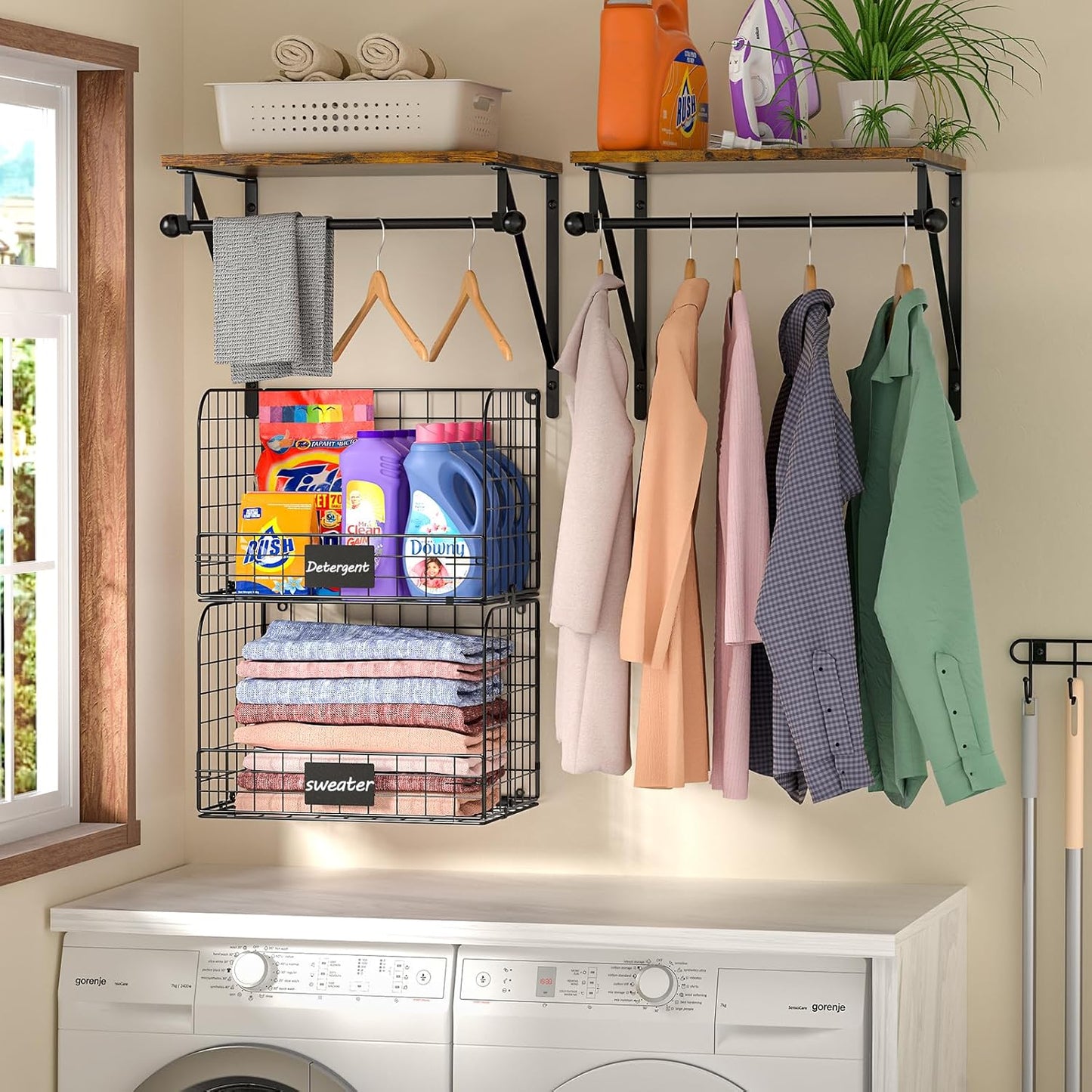 Wall Mounted Laundry Room Shelves - Over Washer & Dryer Shelf with Wire Baskets & Drying Rack | Black Wood & Metal