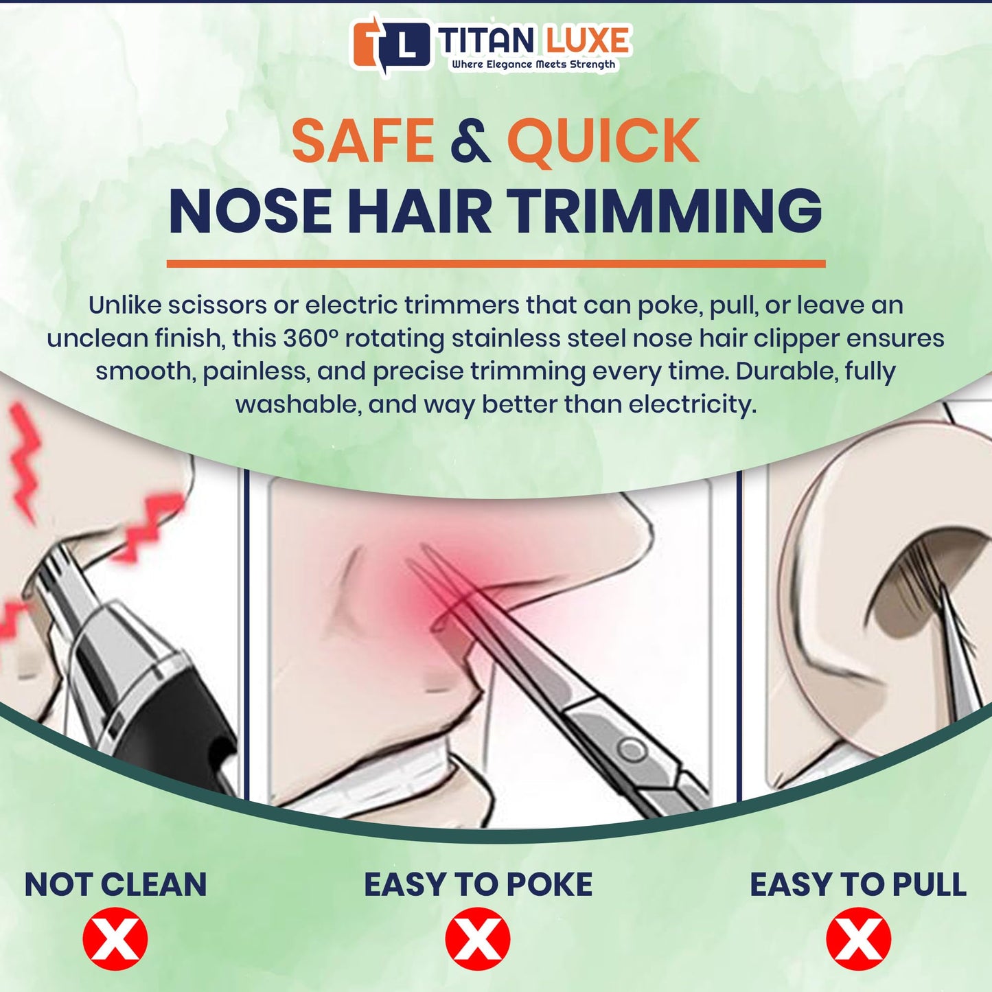 Titan Luxe Stainless Steel Hair Trimmer for Men and Women | Manual Nose and Ear Hair Trimmer | Nose Clippers, 360° Rotating Hair Trimmers | Washable Nose Hair Remover | Green