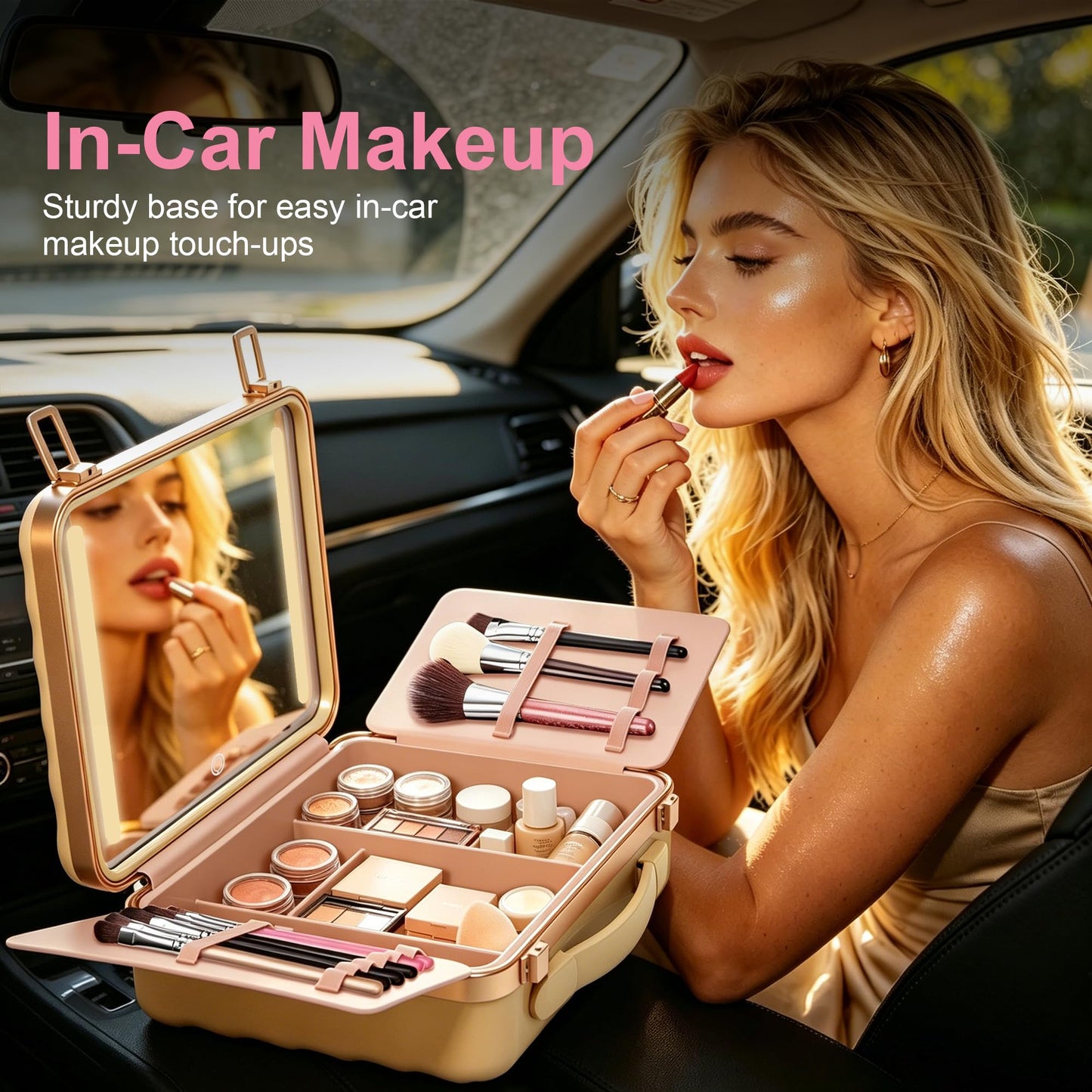 EASYINBEAUTY Makeup Travel Case with LED Lighted Mirror, Golden
