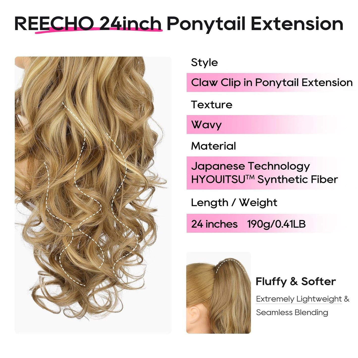 Ponytail Extension - 24" Claw Clip In Long Curly Wavy Hairpiece | Medium Blonde with Highlights