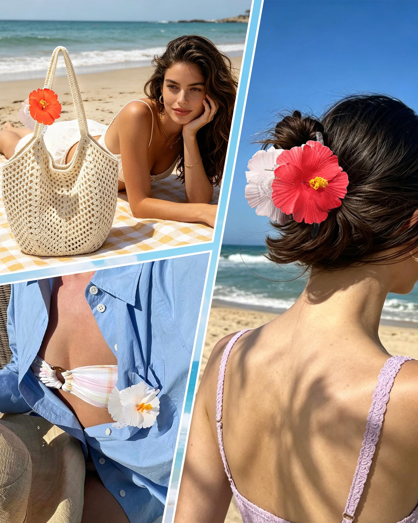 Molans Hawaiian Flower Hair Clips for Women - 3Pcs Artificial Flower Head Claws, Plumeria Hibiscus Hairclip for Wedding Beach Party, Cute Summers Tropical Flowers Clip for Thick Hair